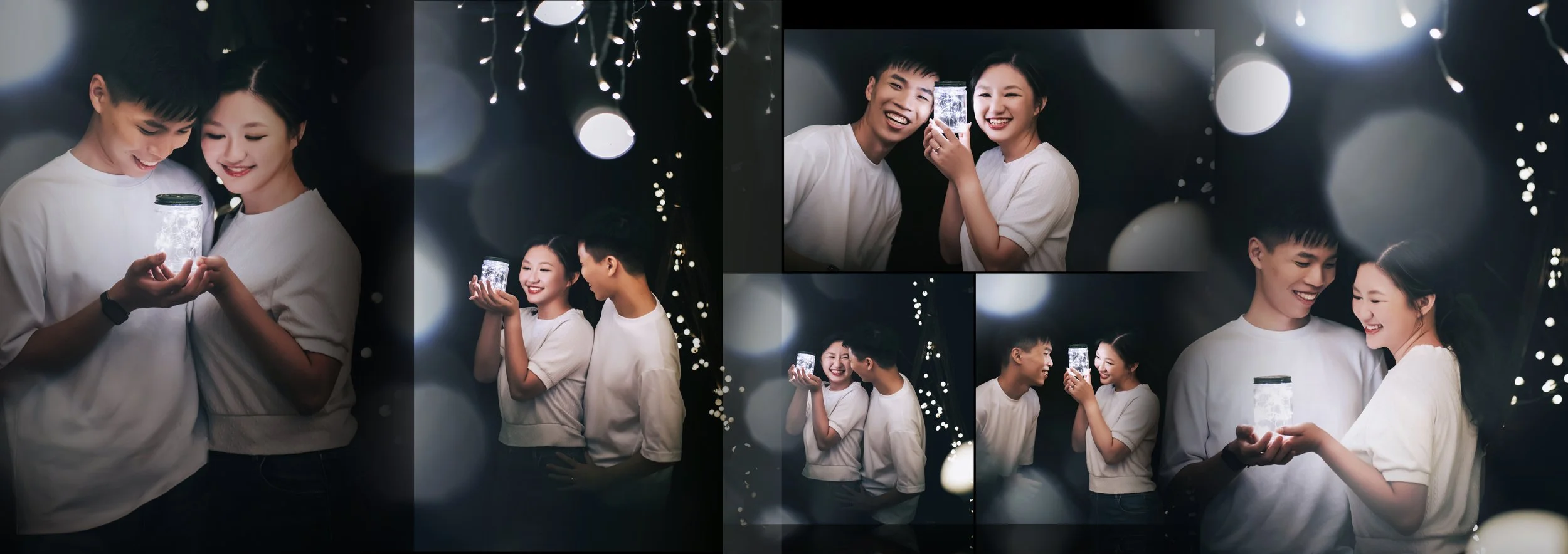 A collage of five photos showing a young man and woman with light skin in a dark setting, illuminated by fairy lights. They are smiling and interacting with a glowing jar.