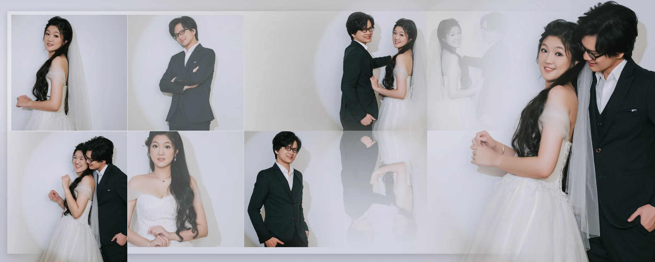Collage of wedding photos featuring a bride and groom, both dressed in formal attire, posing and smiling against a plain white background.