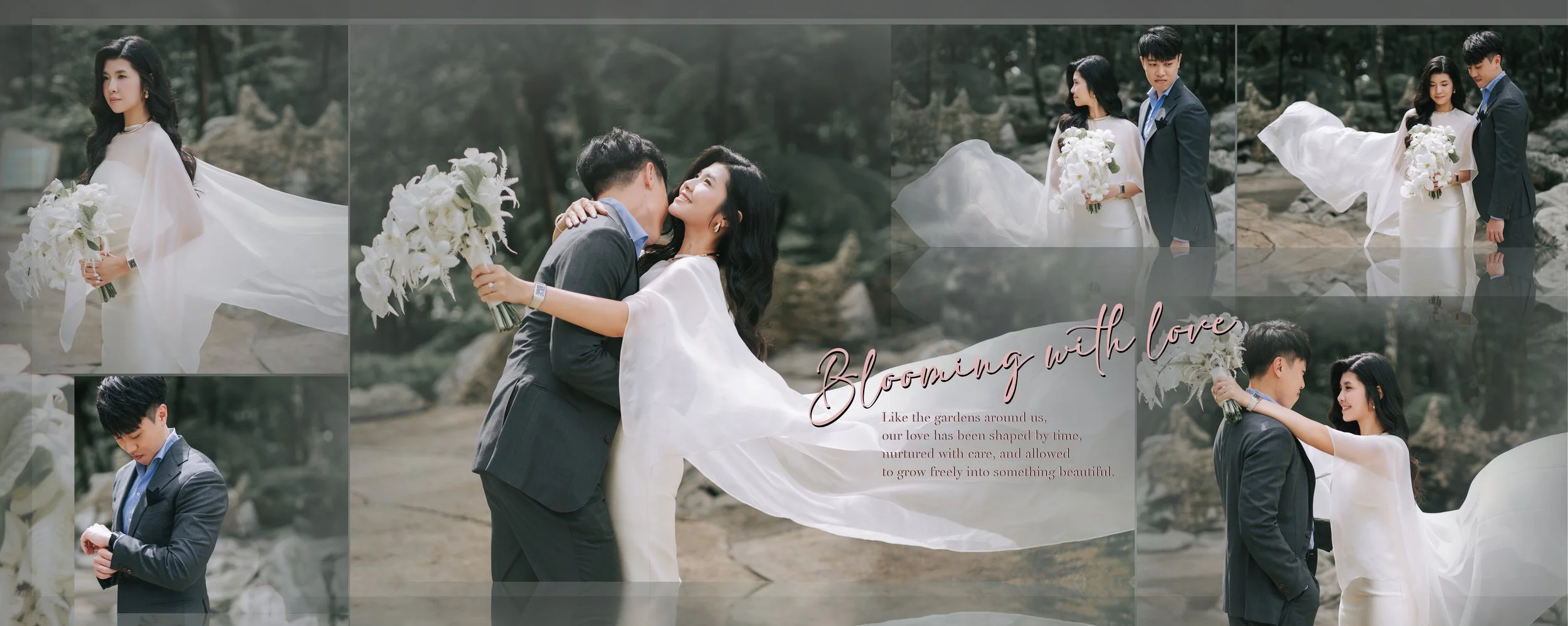 A collage of wedding photos featuring a bride in a white dress with a bouquet and a groom in a dark suit, outdoors in a natural setting with rocks and trees. The bride and groom are seen embracing and smiling, with a poetic quote overlaying the image
