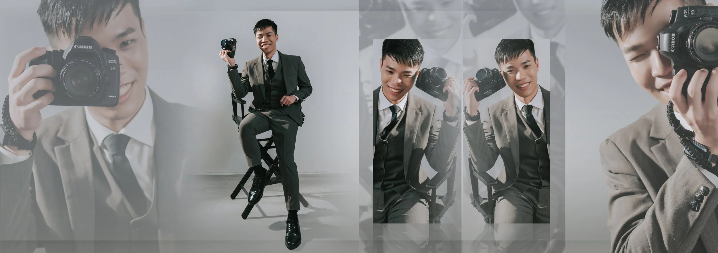 A collage of a young man in a suit holding a camera, sitting on a stool, and smiling at the camera with various poses and backgrounds, including close-up shots and reflections.