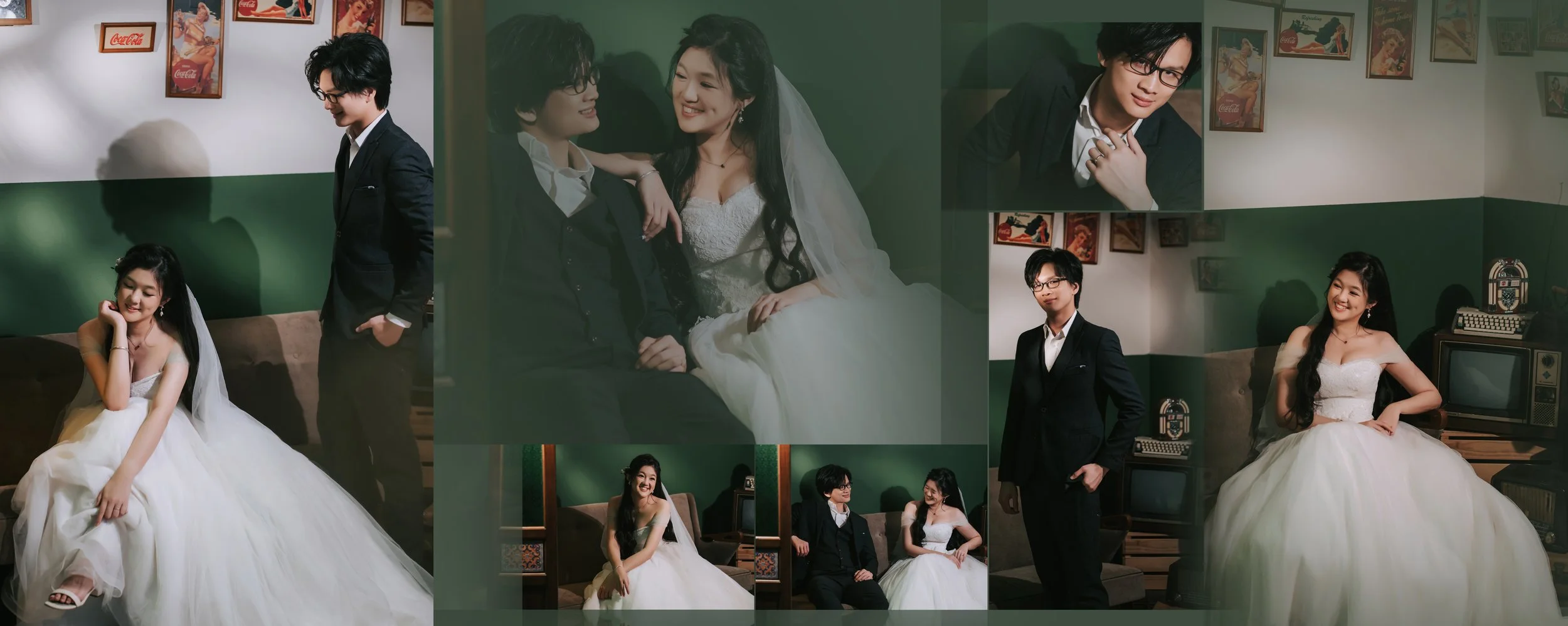 A couple dressed in wedding attire poses in a vintage room decorated with retro posters and TVs, with candid shots of them smiling and interacting.