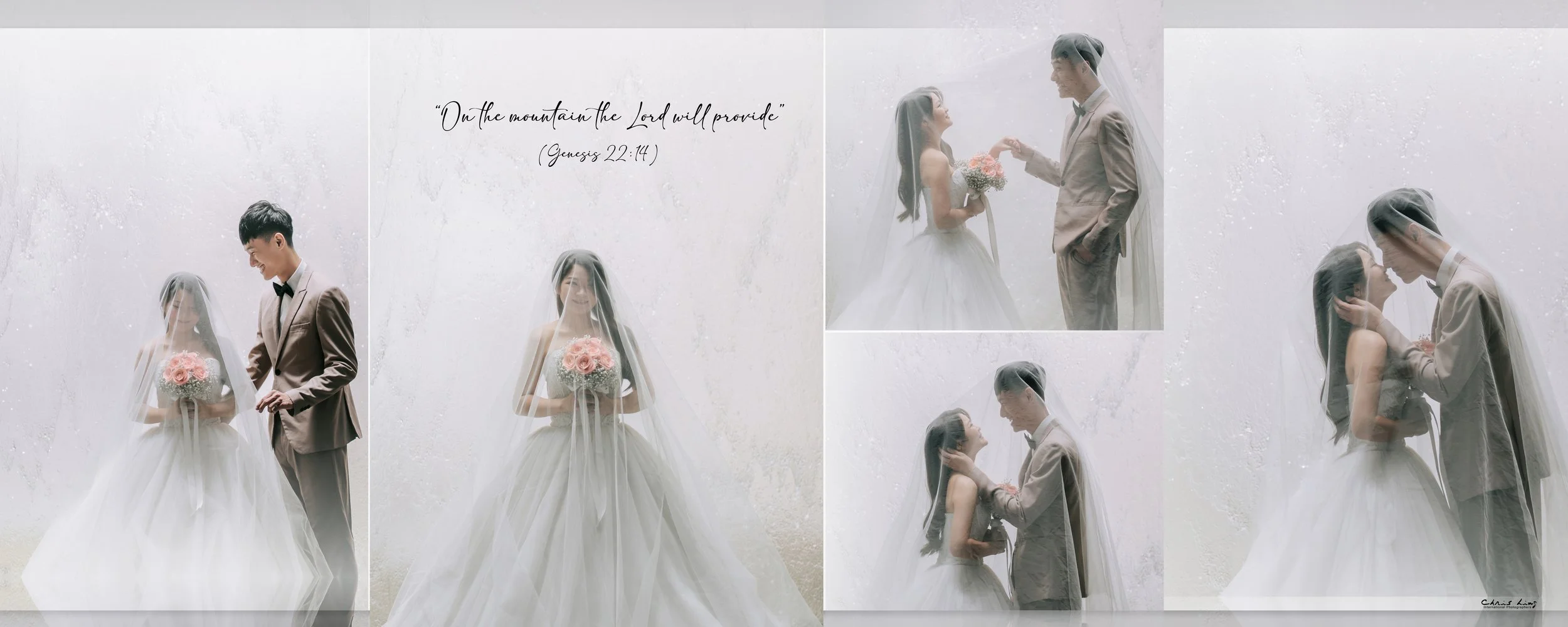 Series of wedding photos showing a bride and groom in various romantic poses, with a quote from Genesis 22:14 on a light gray textured background.
