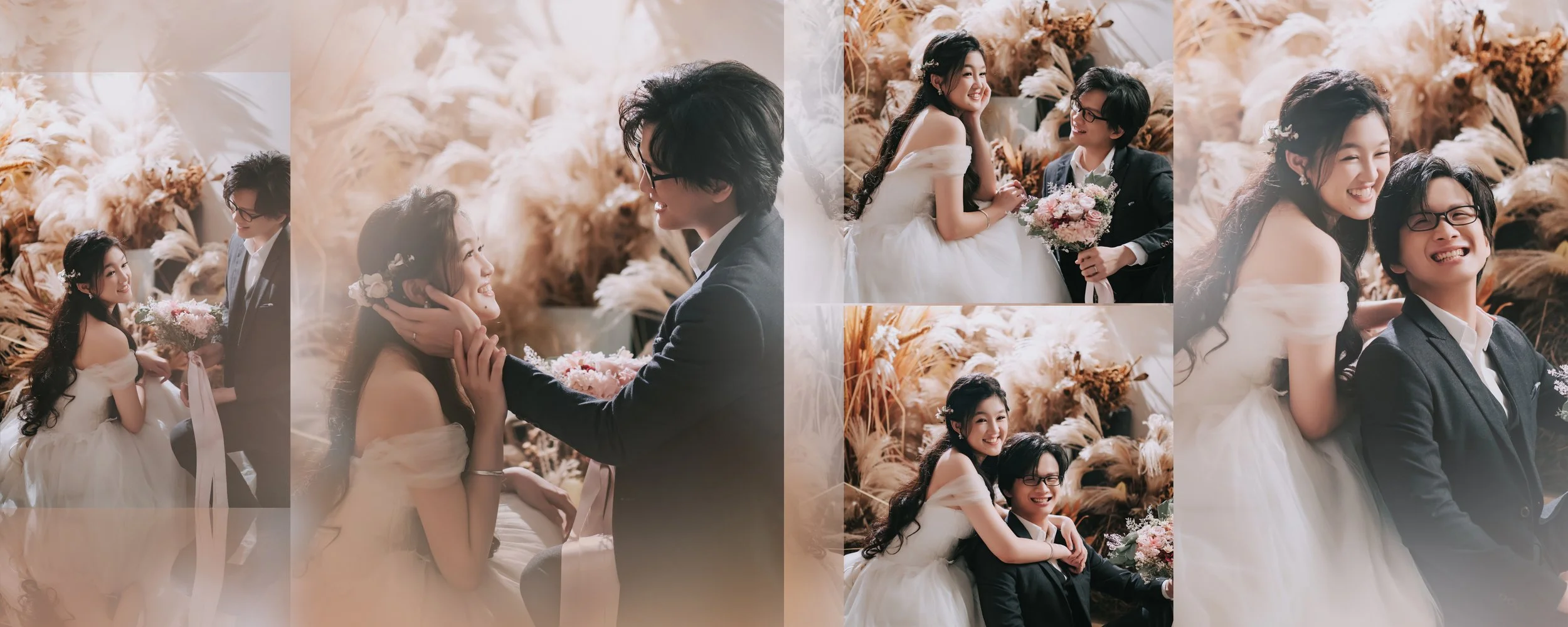 Collage of wedding photos featuring a bride and groom in a decorated setting with pampas grass and flowers. The bride has long dark hair, wearing a white off-shoulder wedding dress, and the groom wears a dark suit with glasses. They are capturing mom