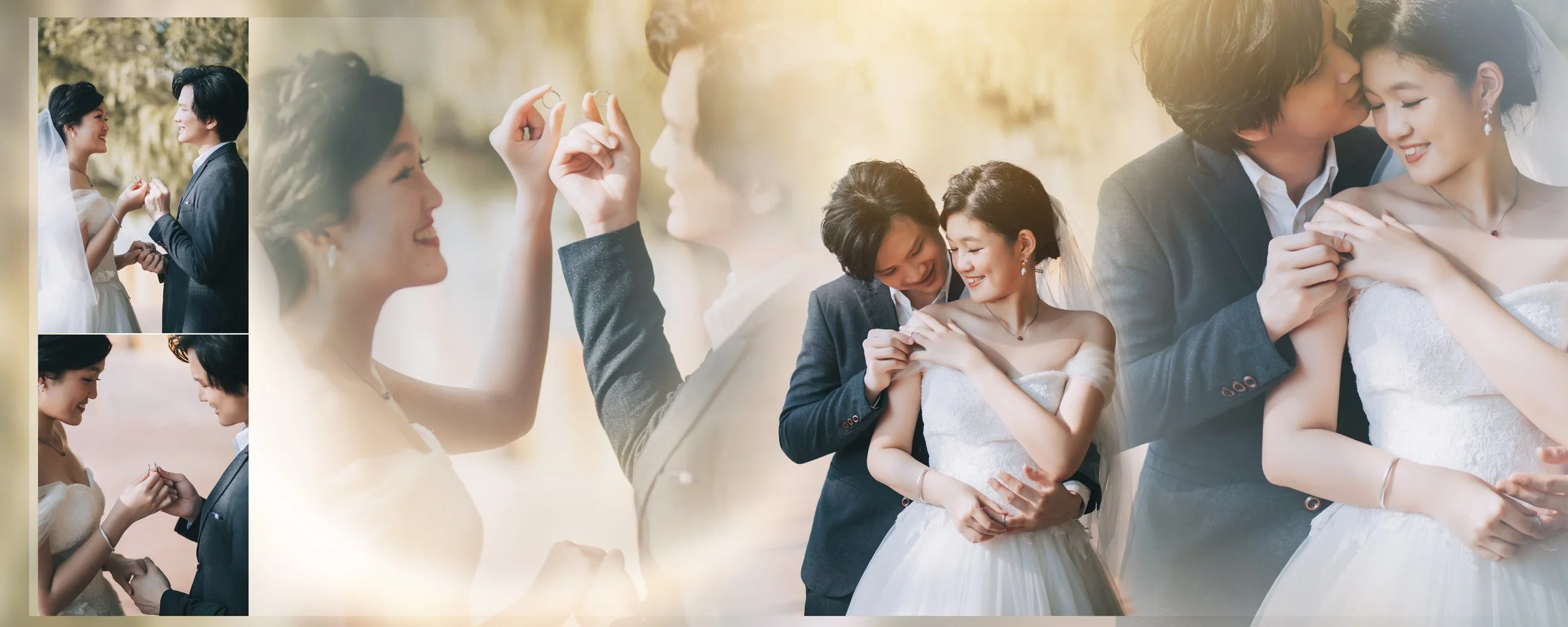 A couple gets engaged during their wedding, with multiple photos of their exchange of rings, showing their happiness and love.