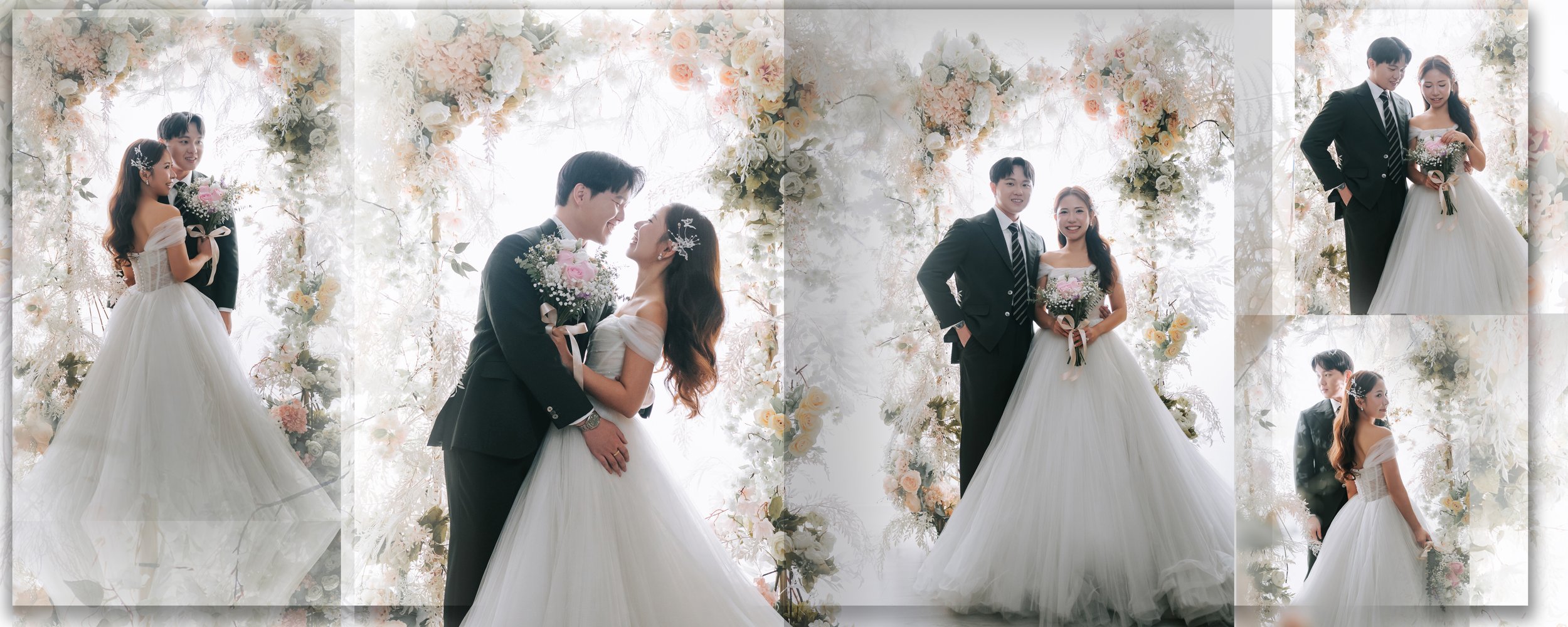 A bride and groom on their wedding day, surrounded by floral decor, sharing moments of joy and love, in elegant wedding attire.