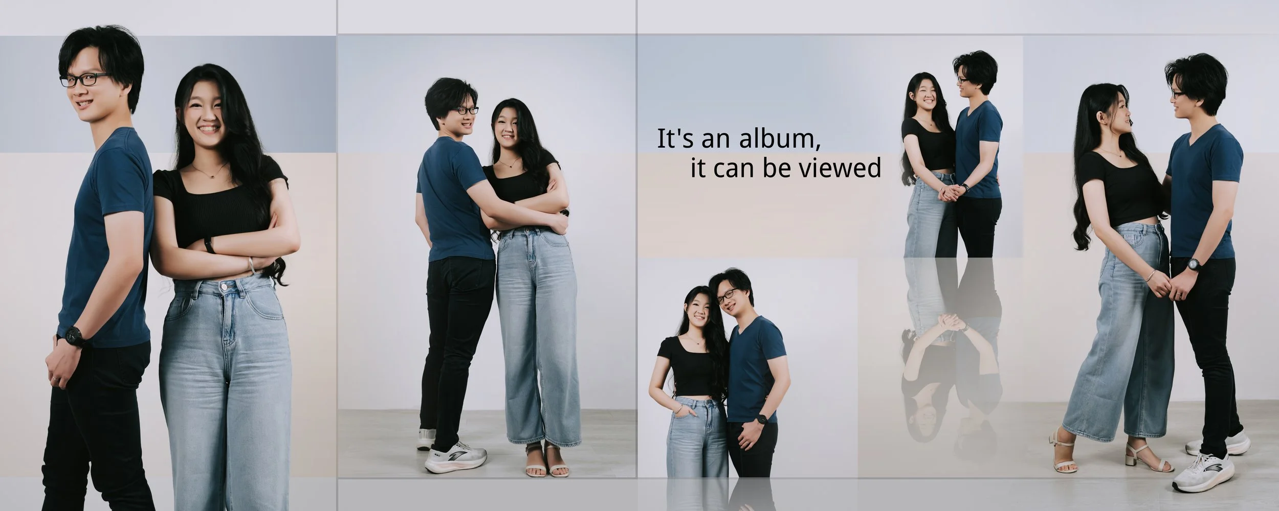  collage of three young Asian couple in casual outfits posing and interacting in a studio with a plain background. The photo includes text that says, "It's an album, it can be viewed."