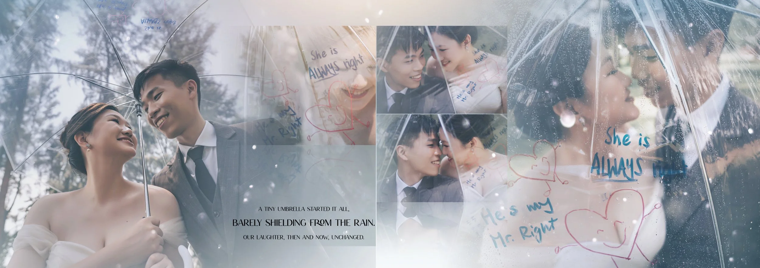 A couple holding a clear umbrella with handwritten notes and drawings, smiling and looking at each other, surrounded by raindrops and trees in the background.