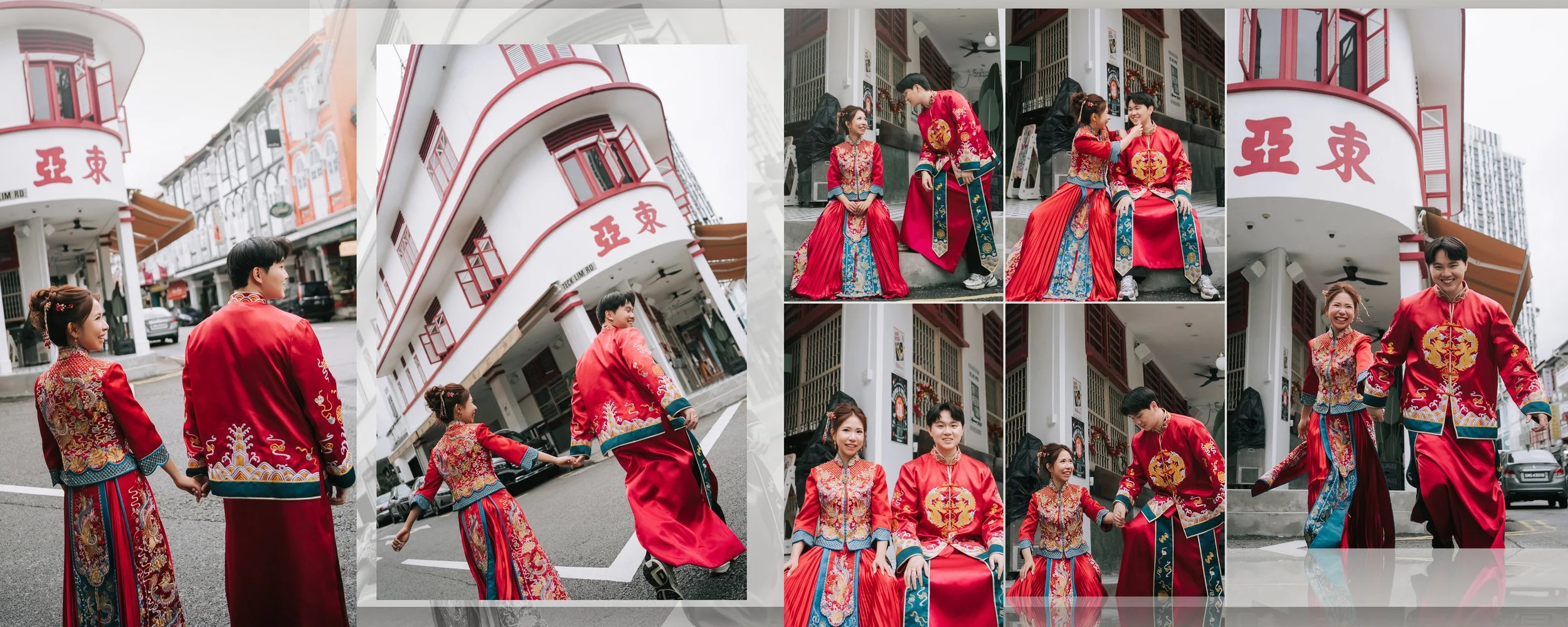 A series of photos featuring a couple dressed in traditional Chinese wedding attire, walking and sitting outside a building with Asian signage and architecture.