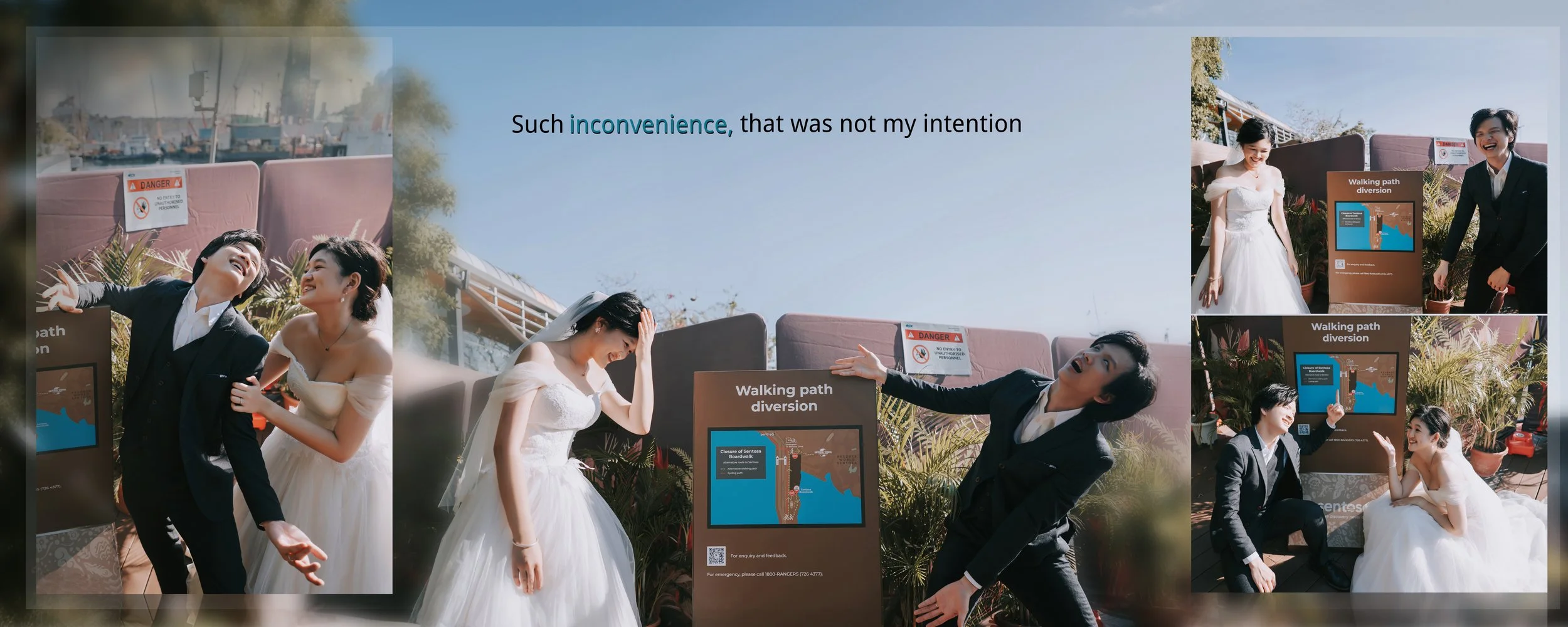 Four people dressed in wedding attire posing outdoors next to an informational sign about walking path diversion, with trees and a building in the background.