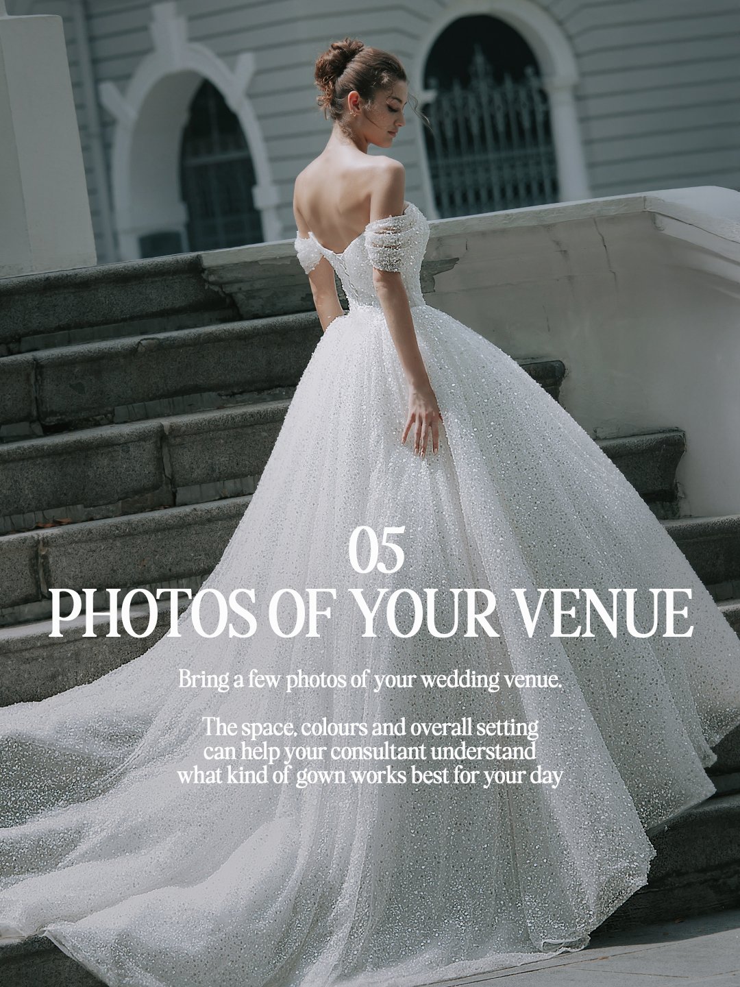 Back view of a bride in an off-shoulder sequinned ball gown at a colonial-style venue