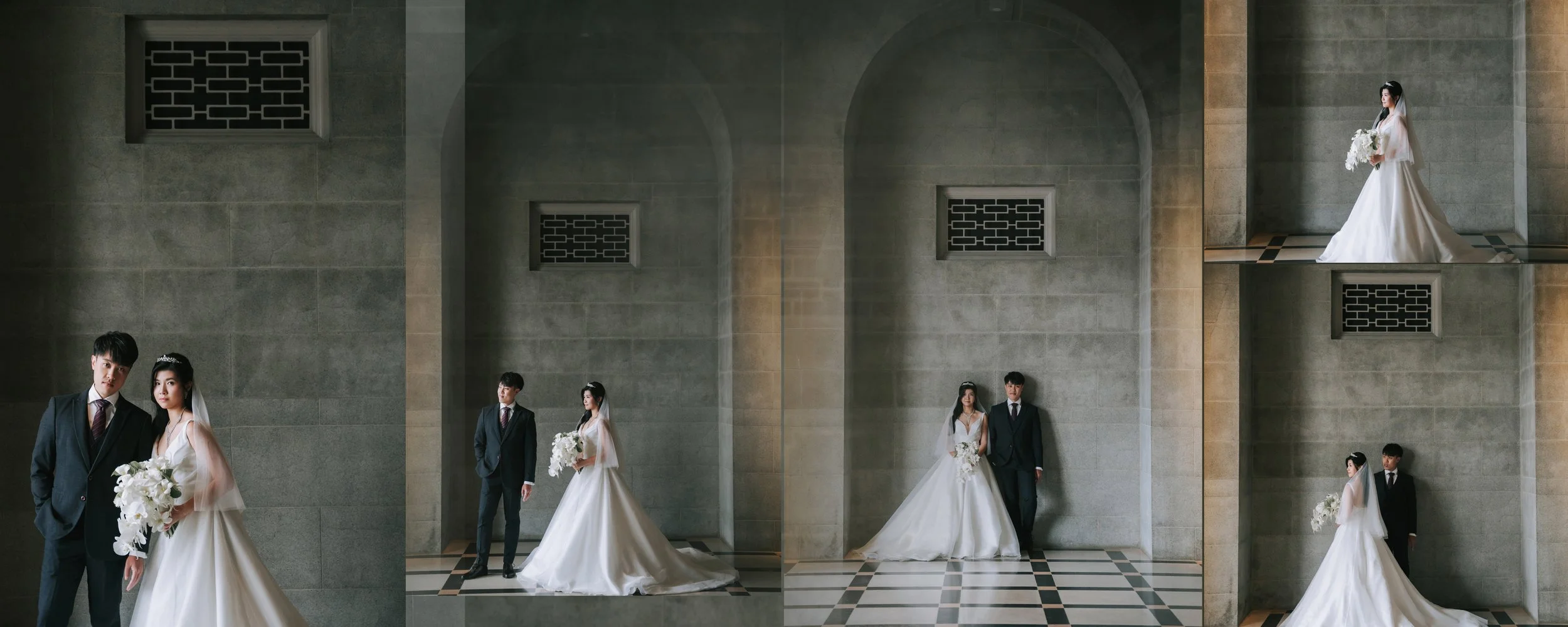 Wedding photoshoot featuring a bride in a white gown holding a bouquet of flowers and a groom in a dark suit, with a wall featuring arches and checkered flooring.