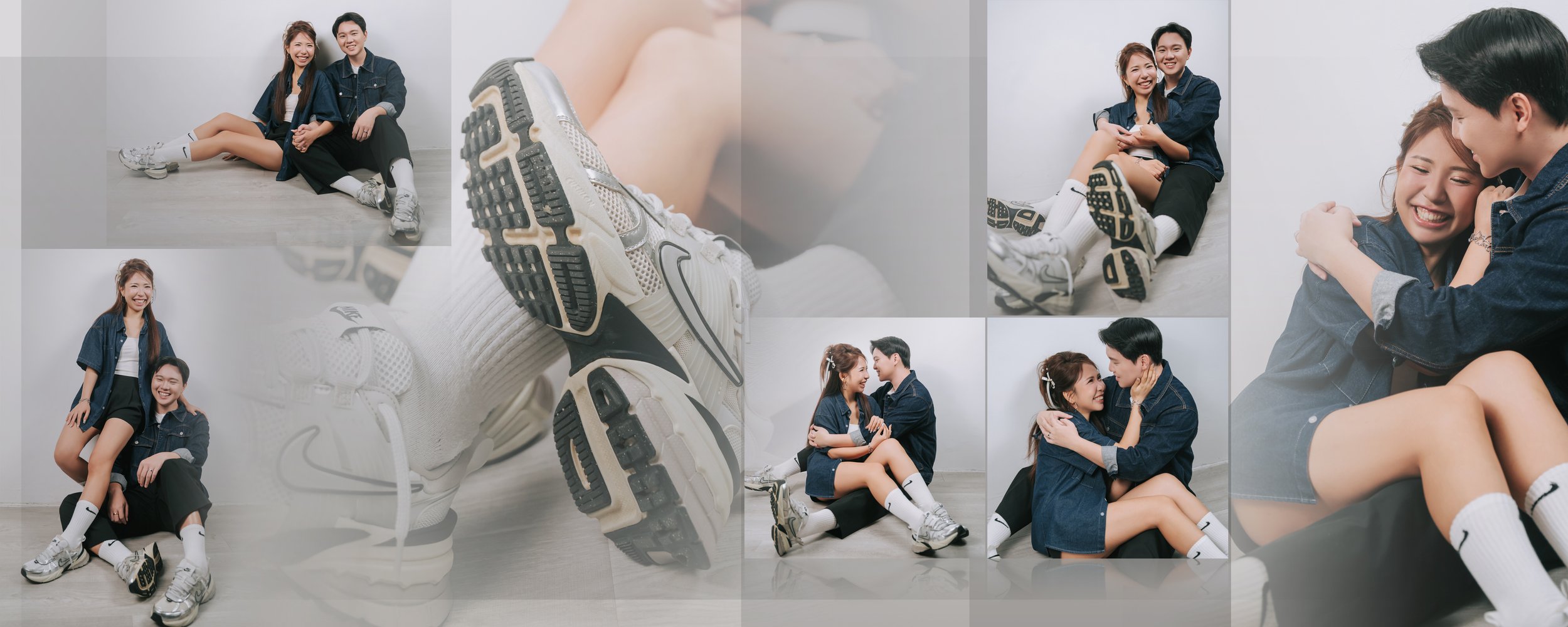 Collage of photos featuring a young woman and man in casual outfits, smiling, sitting, and hugging in a minimal gray studio setting, with close-up shots of sneakers and the couple interacting playfully.