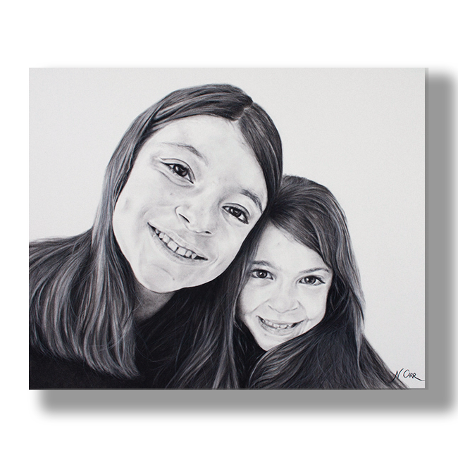 Elena and Demi - private portrait commission in charcoal by artist Nikki Carr