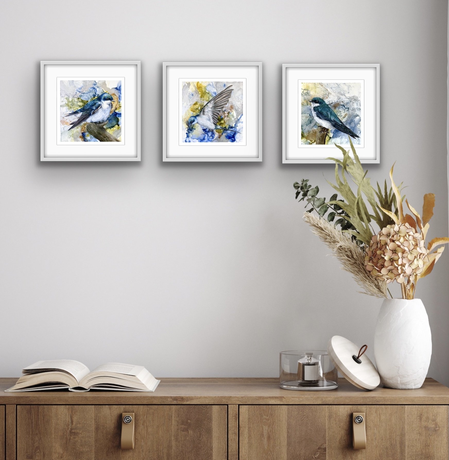 Set of 3 Swallow prints from original aintings on Fluid Background by artists Nikki Carr 4.jpg