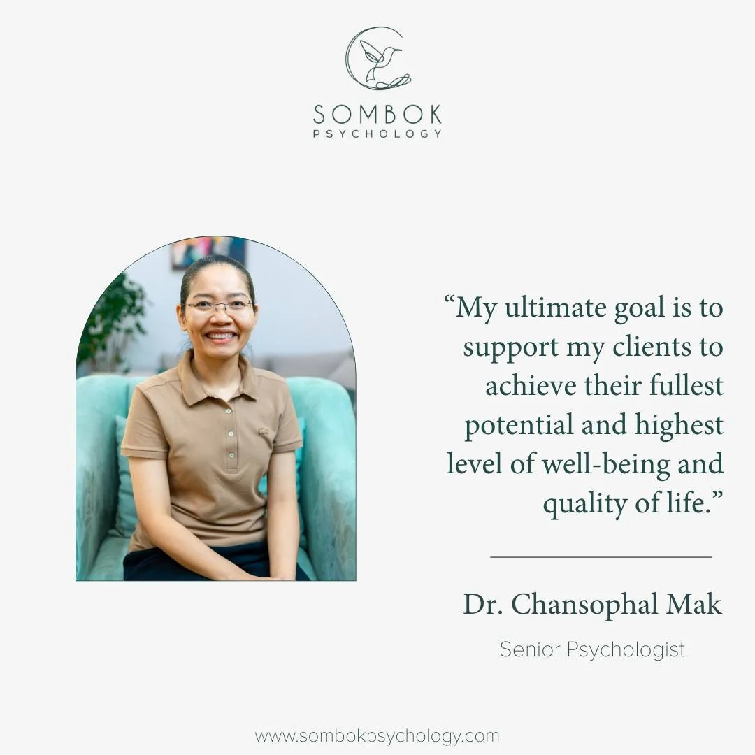 (English Below)

👩&zwj;💼 បណ្ឌិត ម៉ក់ ចន័្ទសុផល គឺជាអ្នកចិត្តសាស្ត្រជាន់ខ្ពស់នៅសំបុកសាយខូឡជី ដែលមានឯកទេសផ្តល់សេវាសុខភាពផ្លូវចិត្ត ដែលយល់ពីវប្បធម៌ខុសៗគ្នារបស់អតិថិជនដែលមានអាយុ ប្រវត្តិ និងលក្ខខណ្ឌជីវិតផ្សេងៗគ្នា។

📌 ផ្នែកដែលជាចំណាប់អារម្មណ៍របស់គាត់រ