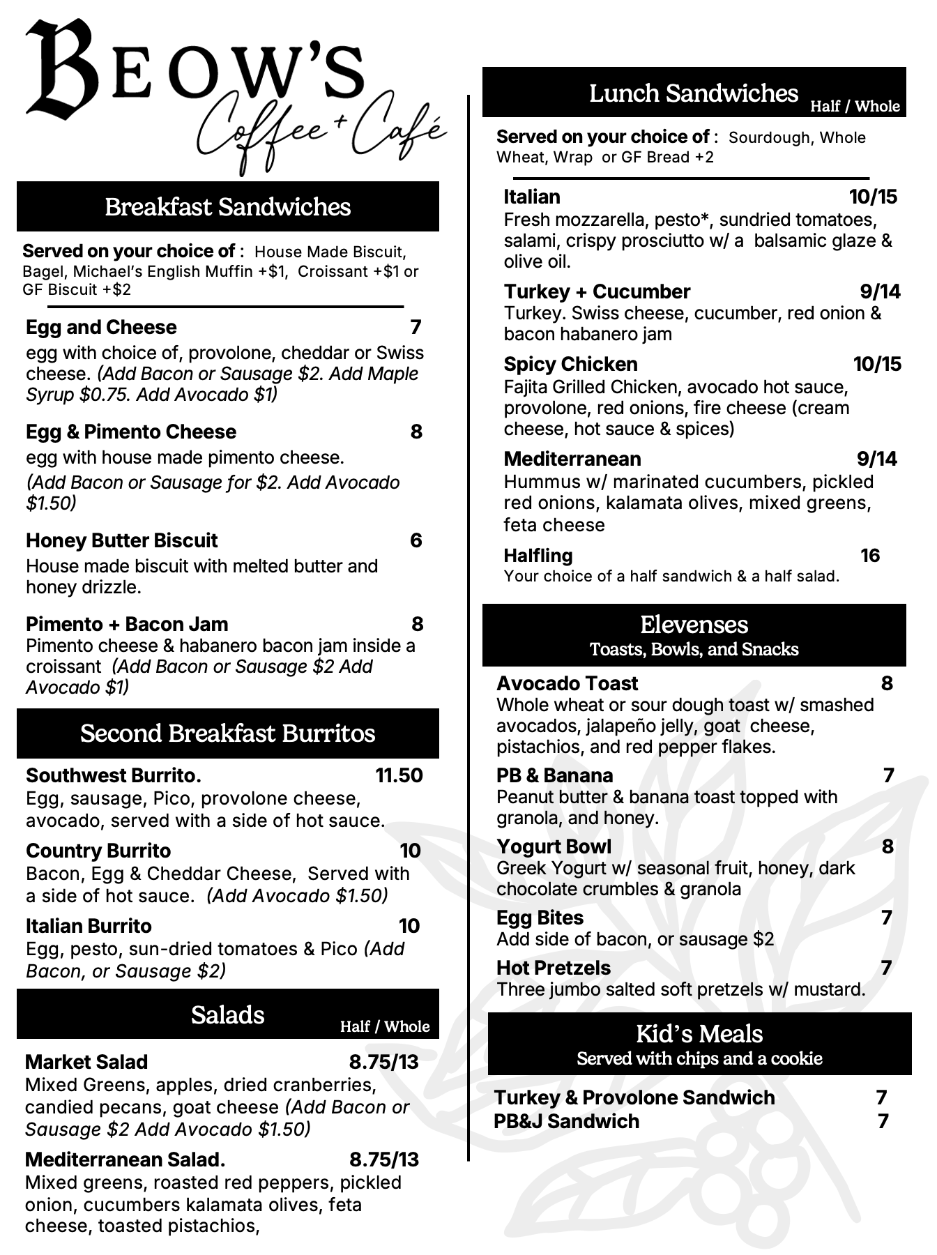 Menu from Beow's Coffee & Cafe listing breakfast, lunch, salads, and kid's meals options with prices.