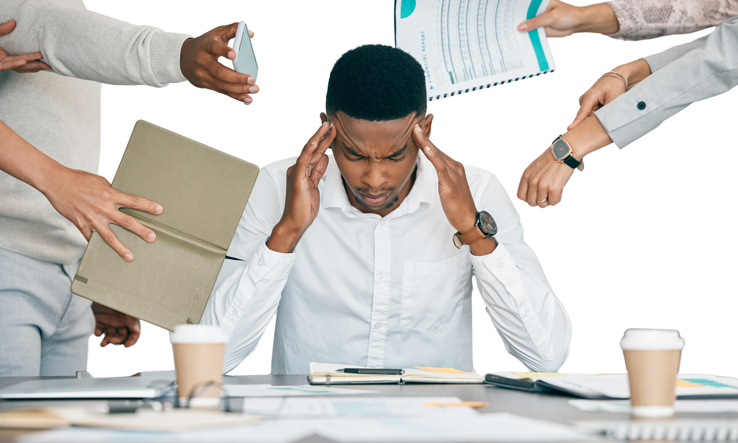Young man sitting at a desk with a concentrated expression holding his head, surrounded by multiple hands offering tools and documents in an office environment, with coffee cups and notebooks on the desk.