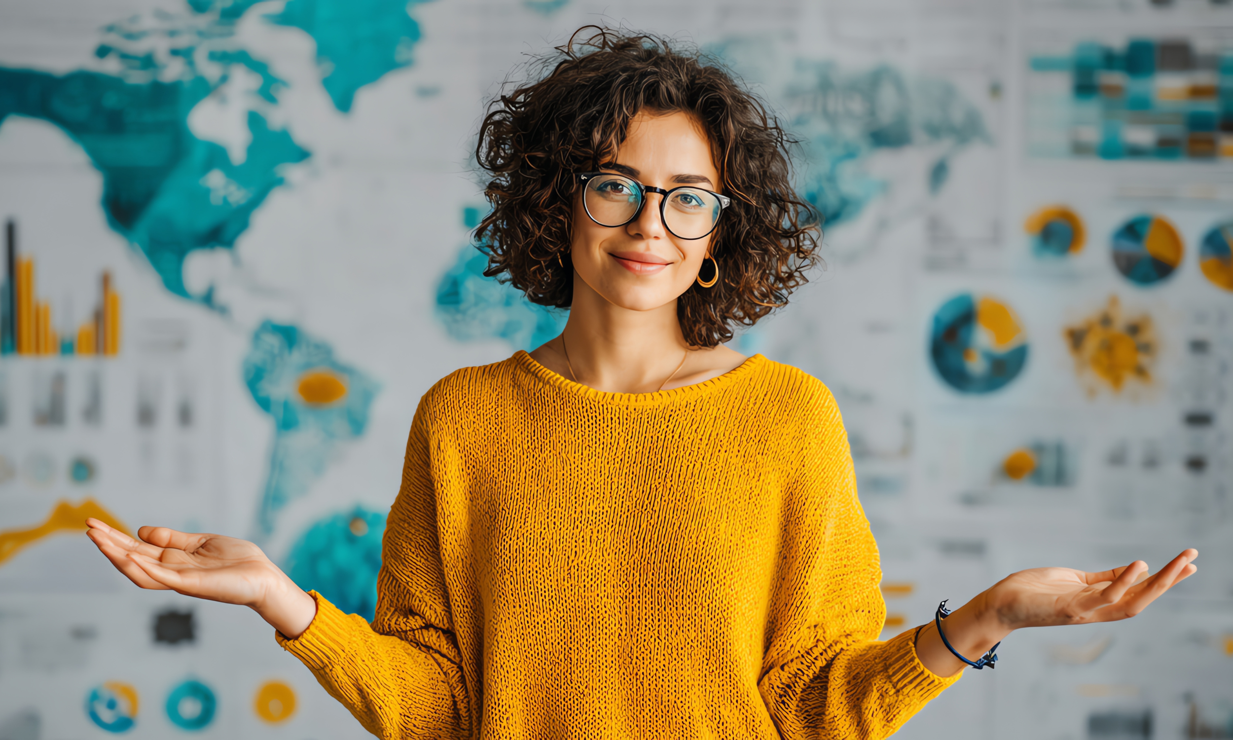 A woman with curly hair, glasses, and a yellow sweater smiling with open hands in front of a world map and charts.