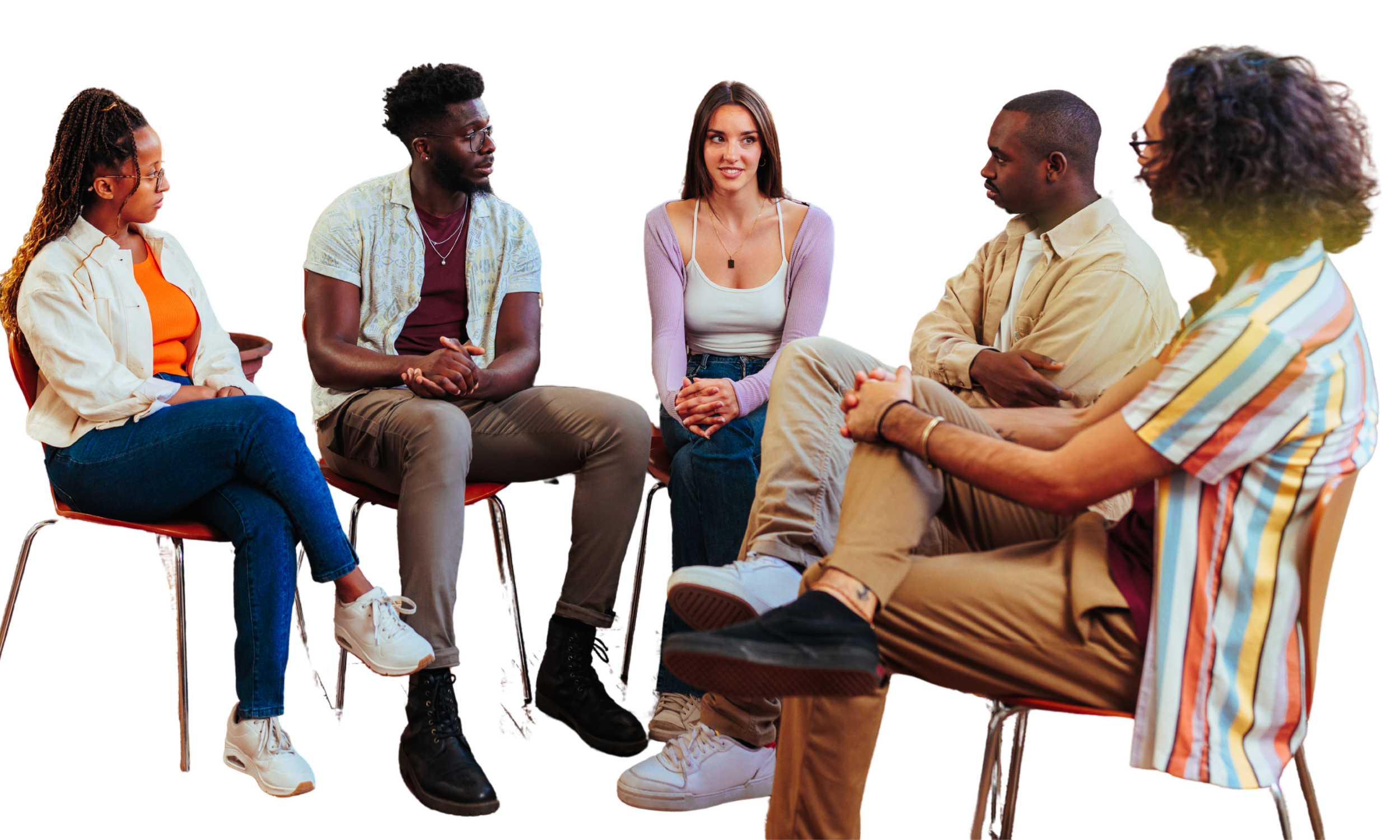 A diverse group of five young adults sitting in a circle engaged in conversation during a group therapy or support session.