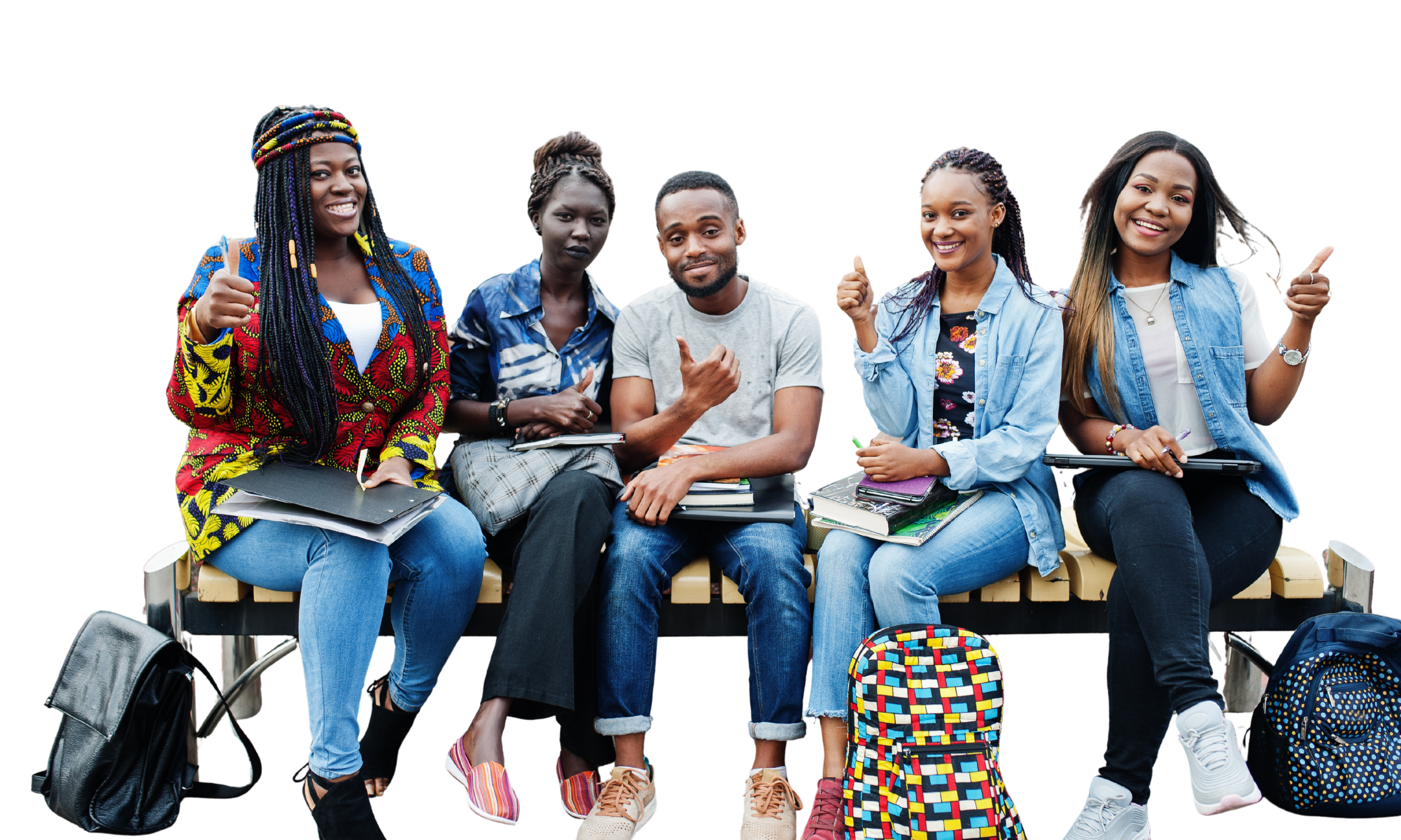 Group of five diverse young adults sitting on a wooden bench with backpacks and notebooks, smiling and giving thumbs up, against a black background.