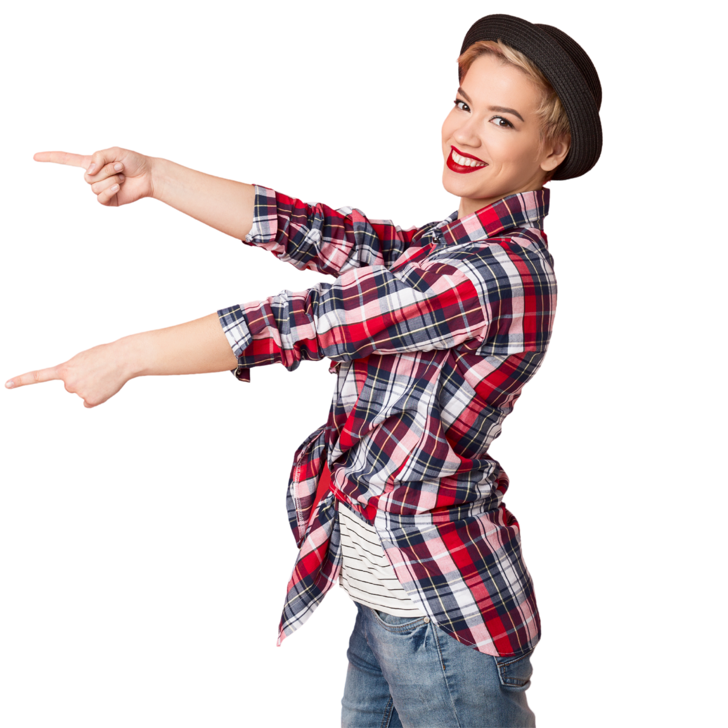 A cheerful woman in a plaid shirt and hat is smiling and pointing to her left and right.