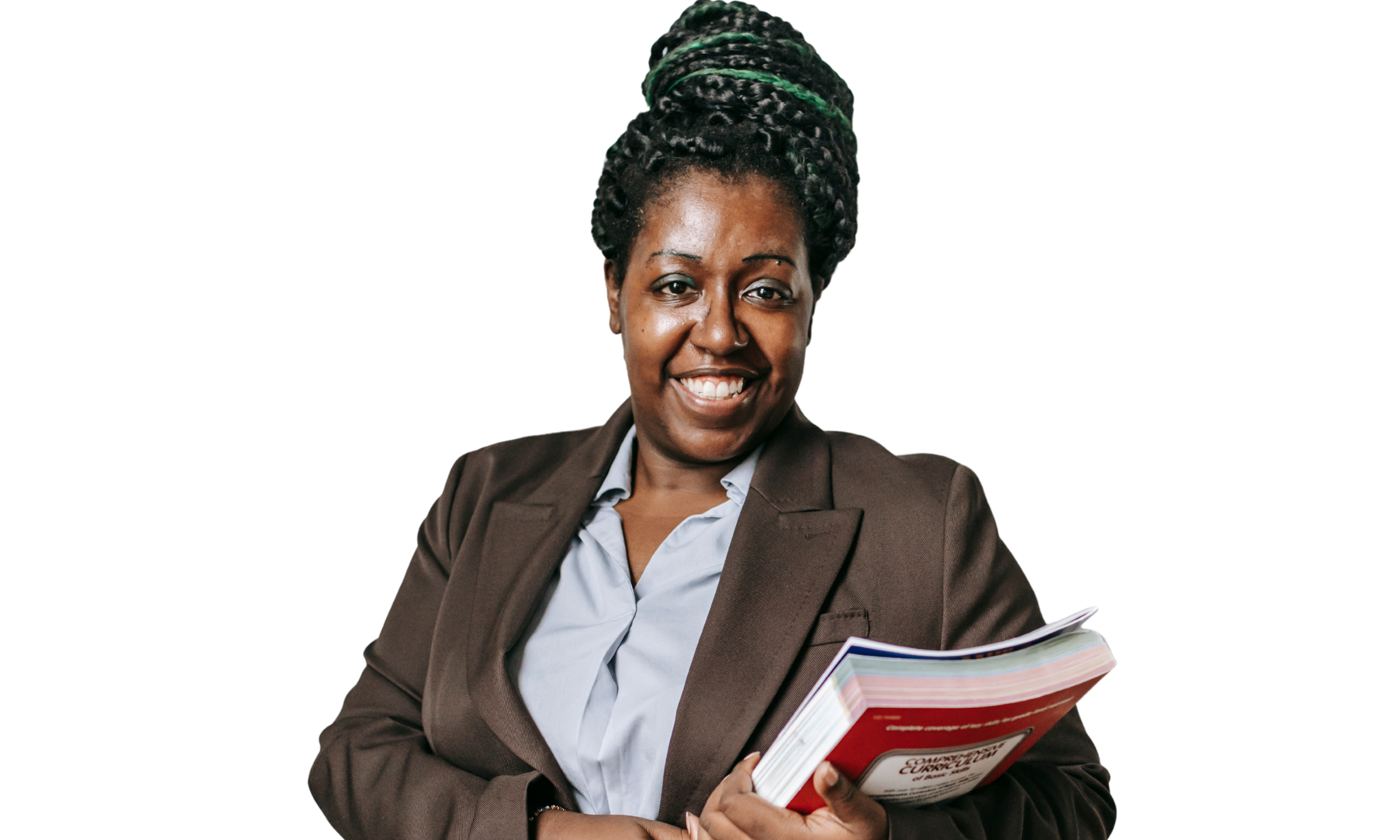 A professional African American woman smiling, wearing a brown blazer and light blue shirt, holding open books or documents, standing against a black background with colorful rectangular graphics.