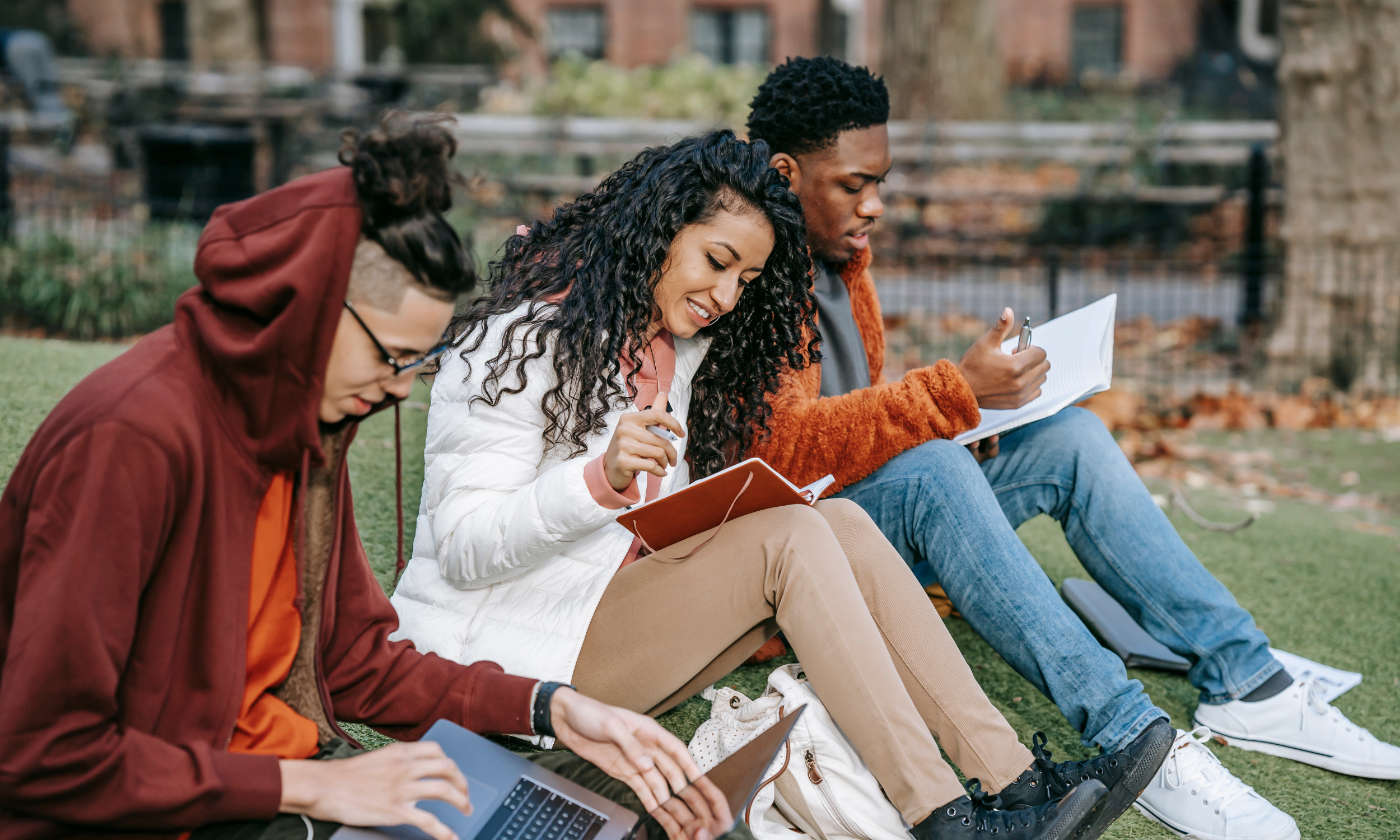 Three young people sitting on grass in a park, working on laptops and notebooks.