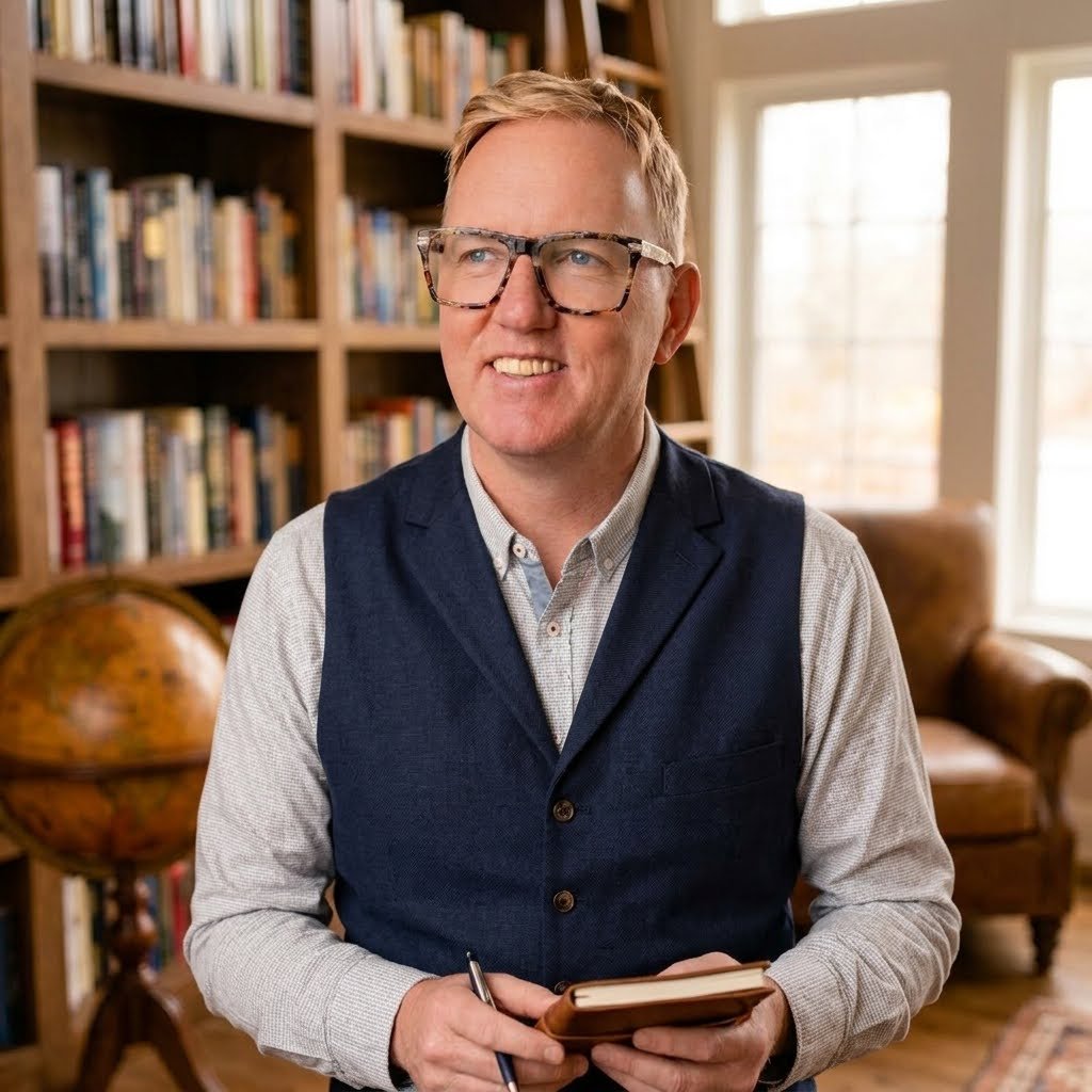 Ein Mann mit Brille hält ein Notizbuch und einen Stift in einer gemütlichen Bibliothek mit Bücherregalen im Hintergrund.