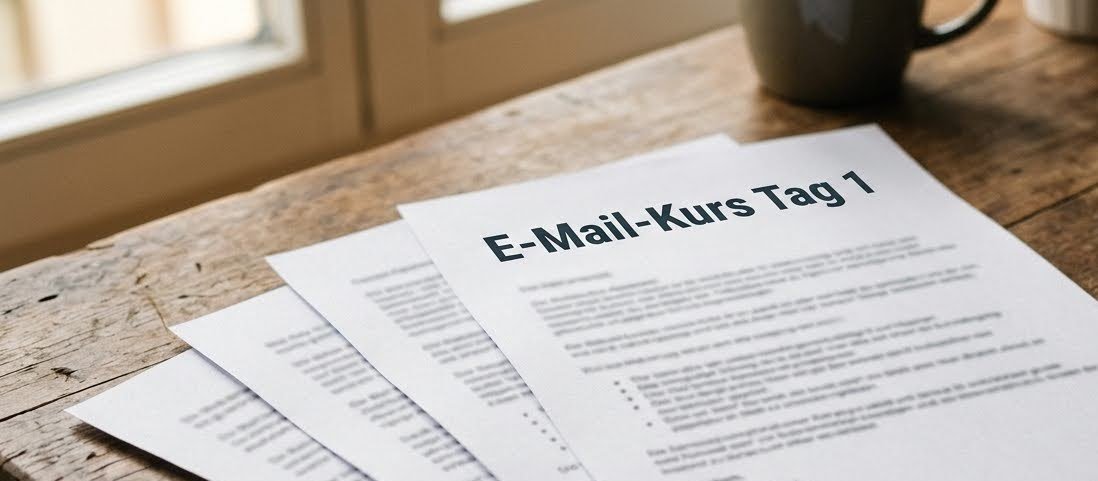 Ausgedruckte Seiten des KursRuhestand E-Mail-Kurses "Tag 1" auf einem Holztisch neben einer Tasse.