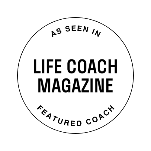 Circular badge with text that reads 'As Seen in Life Coach Magazine, Featured Coach'.