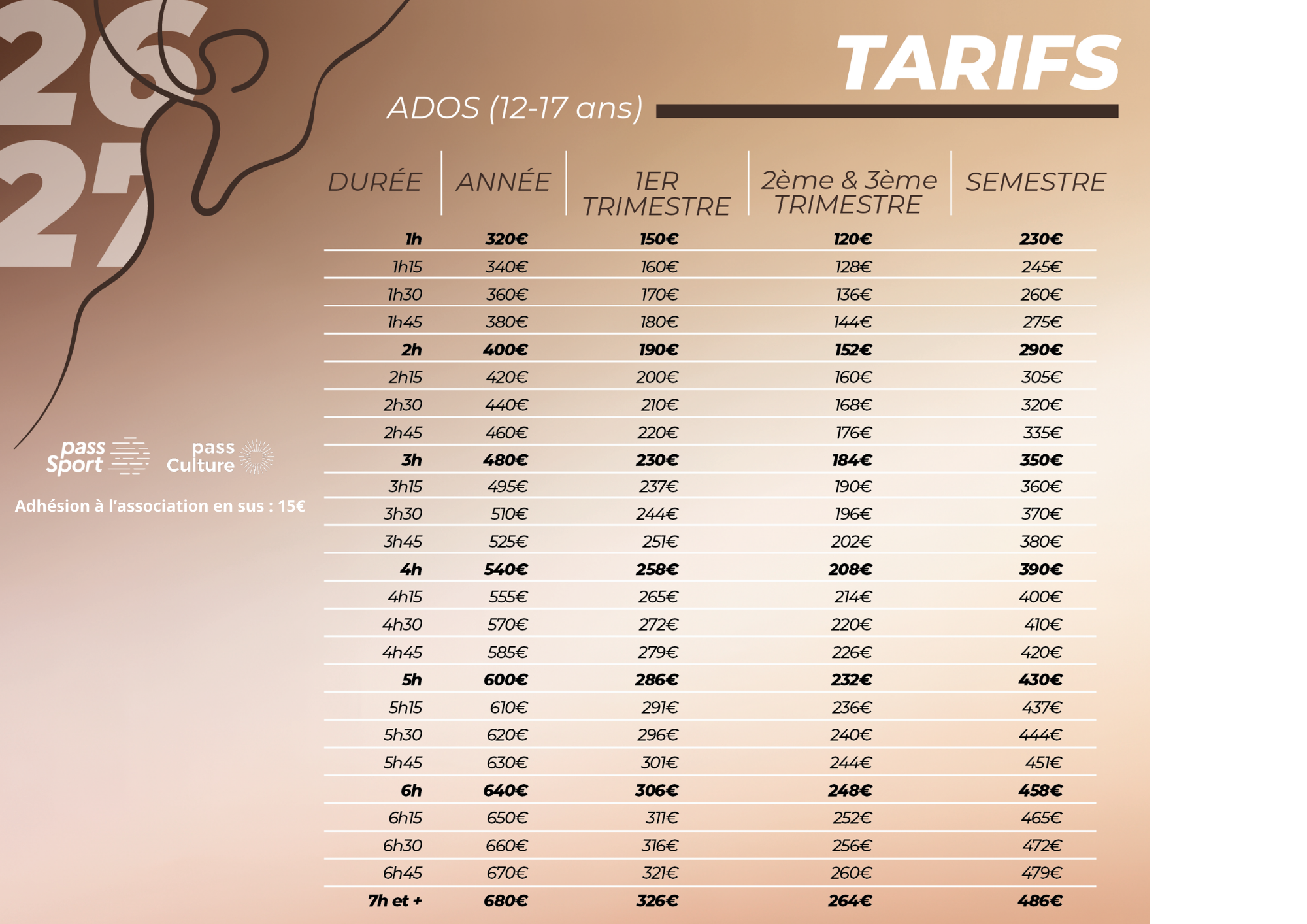 Tableau des tarifs pour les adhésions à une association, avec différentes durées et prix en euros, pour les jeunes de 12 à 17 ans, incluant les prix pour chaque tranche horaire de 1h à 7 heures et plus.