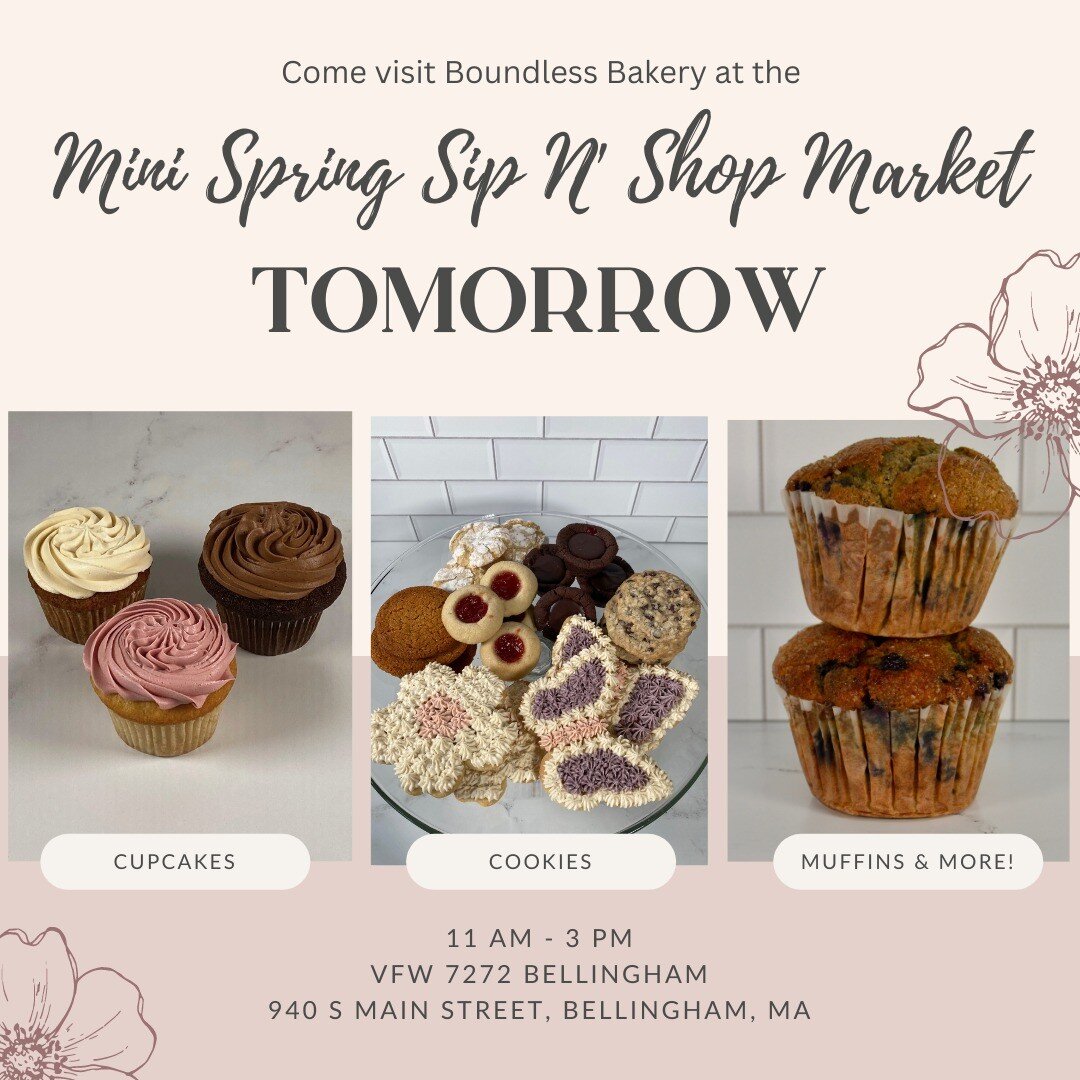 We're popping up tomorrow at the VFW 7272 Bellingham for the Mini Market hosted by @sweetpeaeventsma from 11am-3pm! Stop by to grab some sweet treats. We'll have our usual menu (with gluten free options) plus some fun Mother's Day specials! Will we s