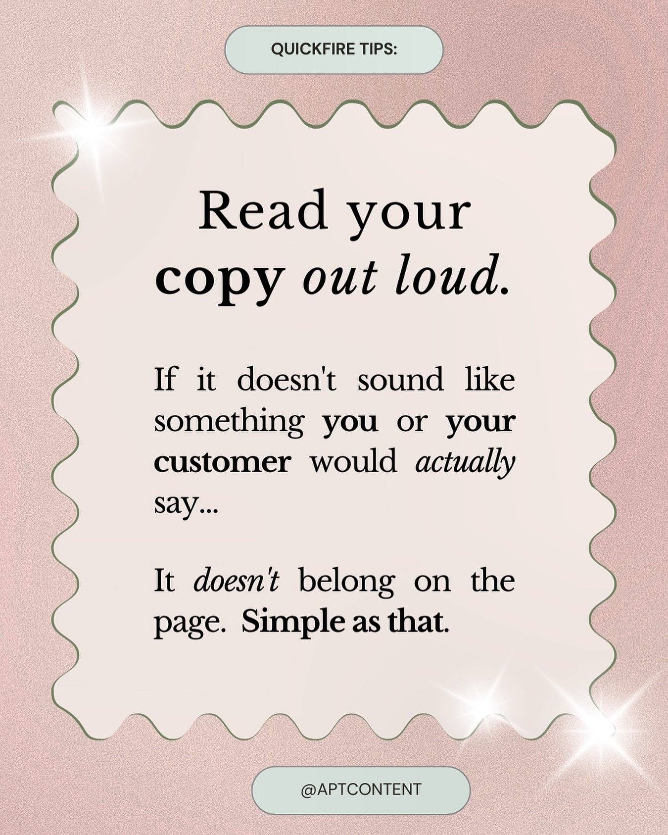 This is one of the best copywriting tips I&rsquo;ve ever received. Read your writing out loud. If it feels forced and inauthentic, get it off the page.

# copywriting #copywritingtips #coursecreators #onlinecoaches #funnelstrategy #funnelstrategist