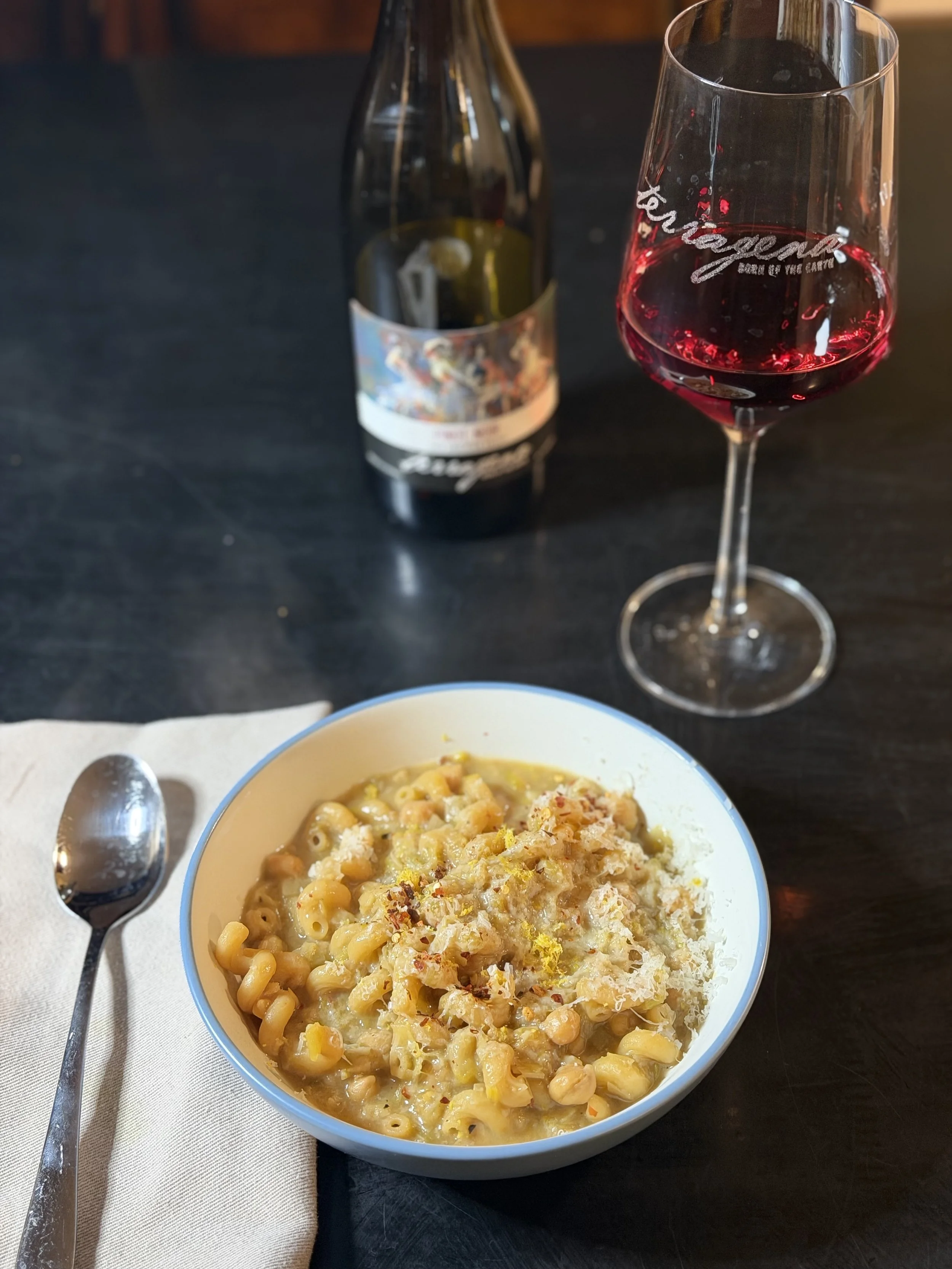 Bowl of Pasta with leeks, white miso paste, lemon and chili flakes with Terragena Anderson Valley Pinot Noir 