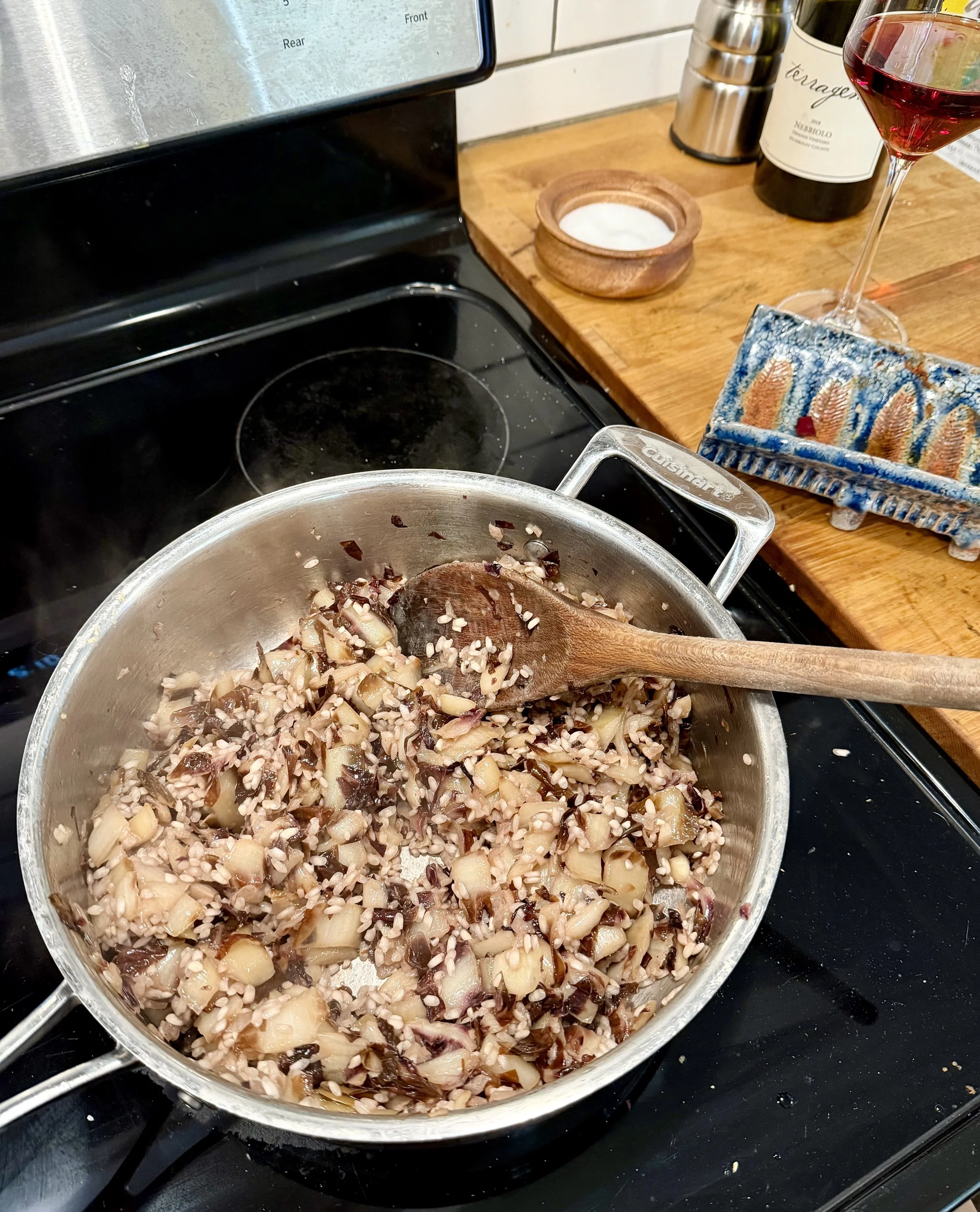 Rice cooked part 2 into the radicchio and Nebbiolo risotto for the Recipes and Wine Pairings at Terragena Wine 