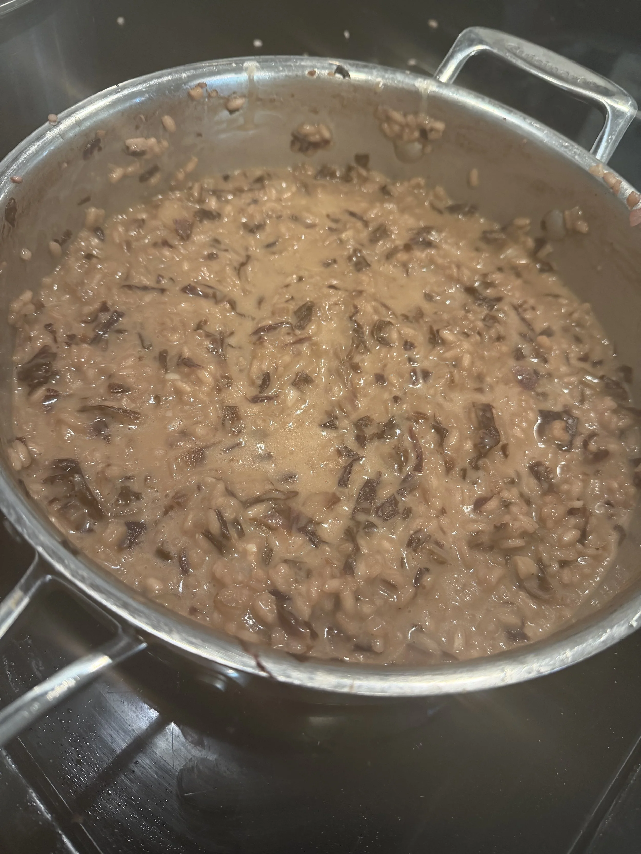 Cooked down, ready to rest risotto with rose of pinot noir and radicchio for Terragena recipes and wine pairings 