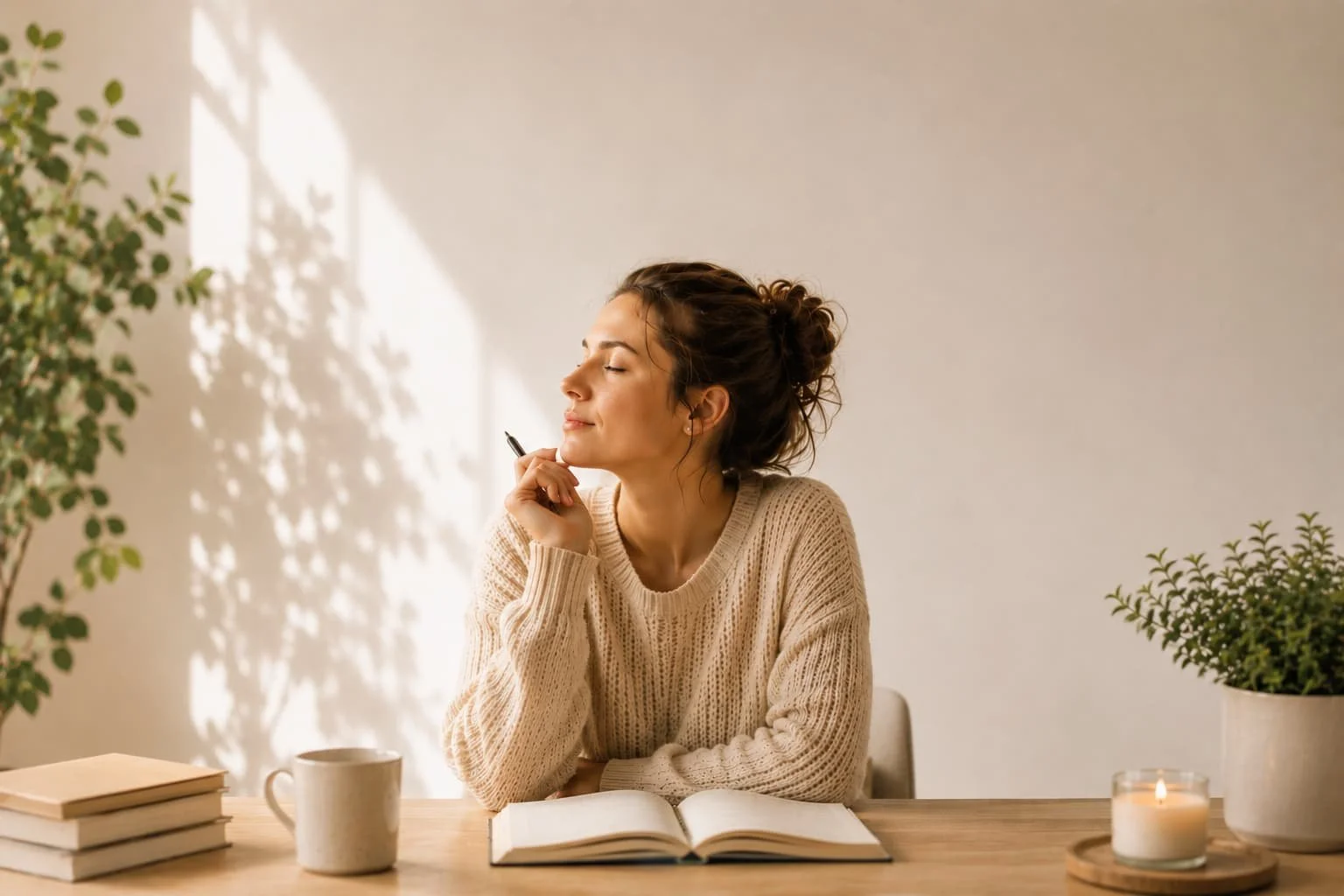 Mother sitting thoughtfully at a desk in a calm sunlit room, reflecting on parenting decisions in a peaceful and mindful home environment.