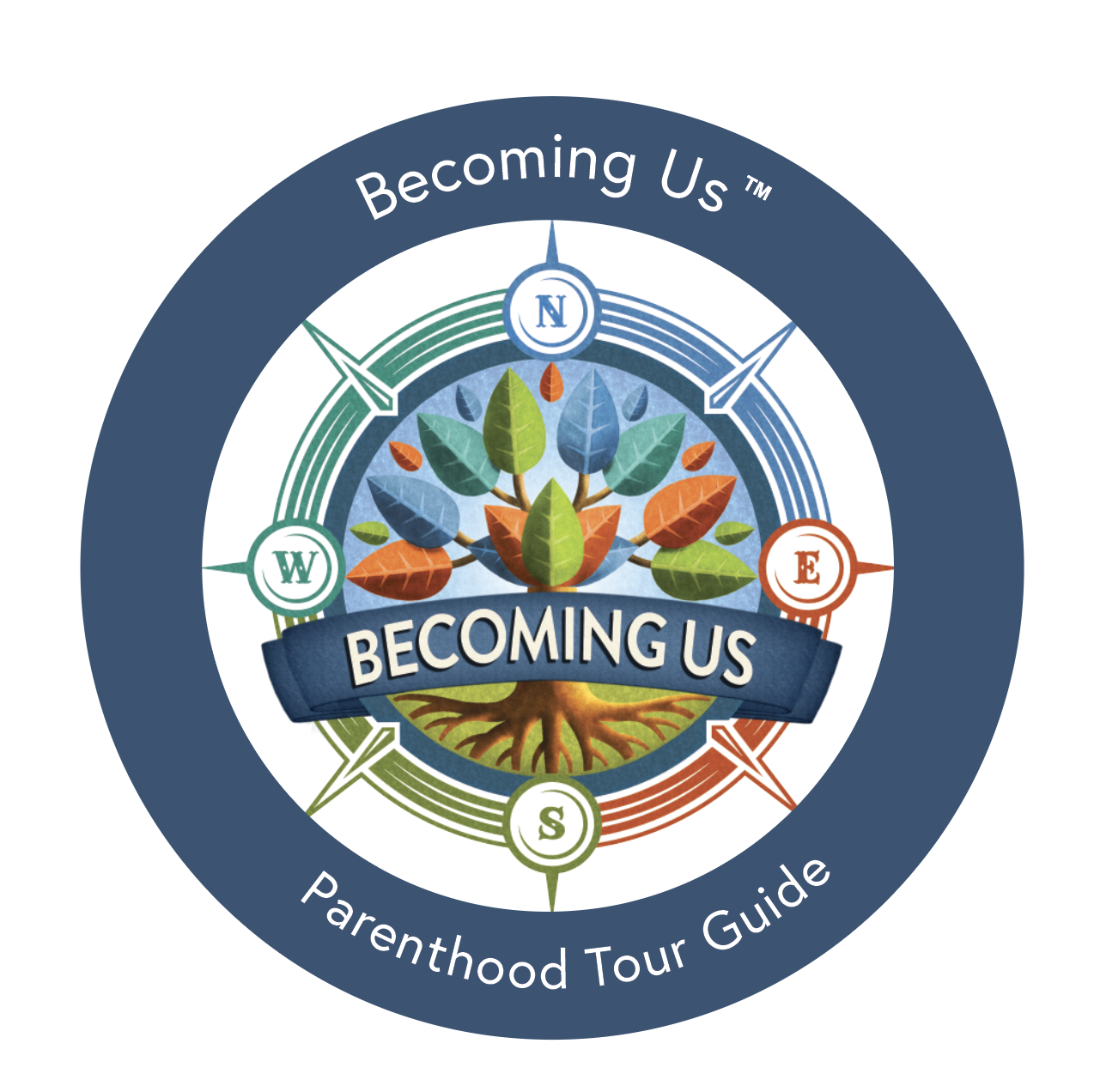 Becoming Us Parenthood Tour Guide badge featuring a colorful tree, roots, and a four-direction compass.