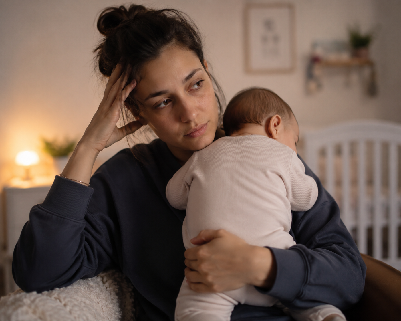 Tired mother holding her sleeping baby in a softly lit nursery, reflecting on the emotional weight of everyday parenting decisions.