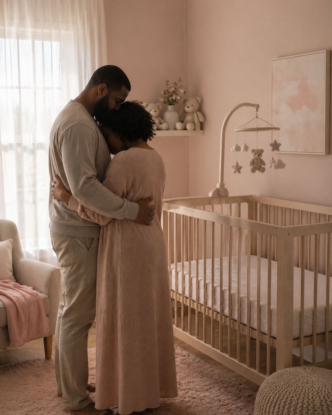 Couple holding each other in a quiet embrace beside an empty nursery crib, illustrating the late-term pregnancy and infant loss support group