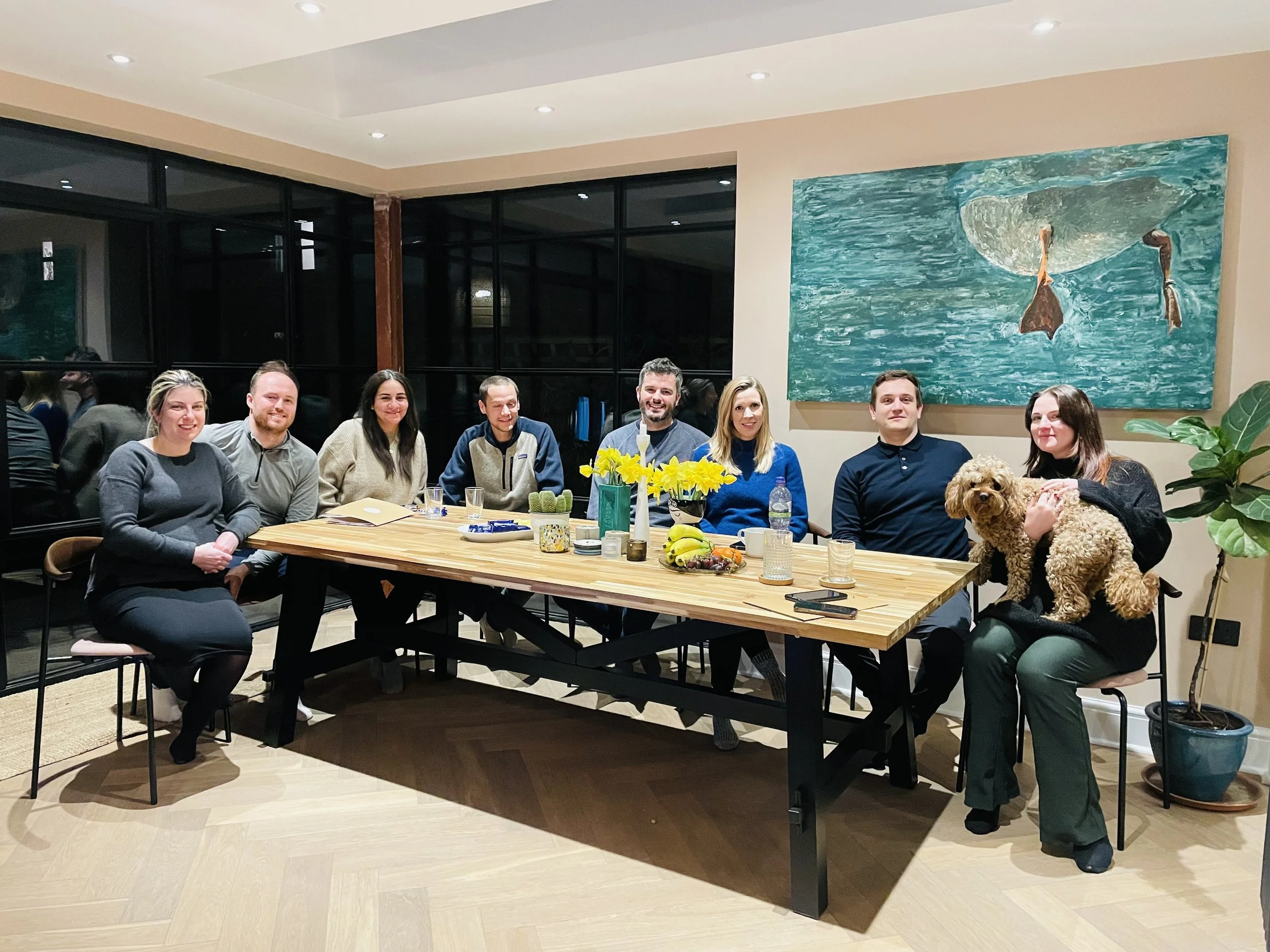 Group of pregnant couples, antenatal and hypnobirthing class hosted by a hypnobirthing coach and birth doula in north london