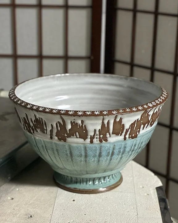 Serving Bowl with wax resist and stamps - Lovewell Pottery