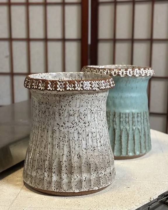 Utensil holder with stamps and fluted texture - Lovewell Pottery