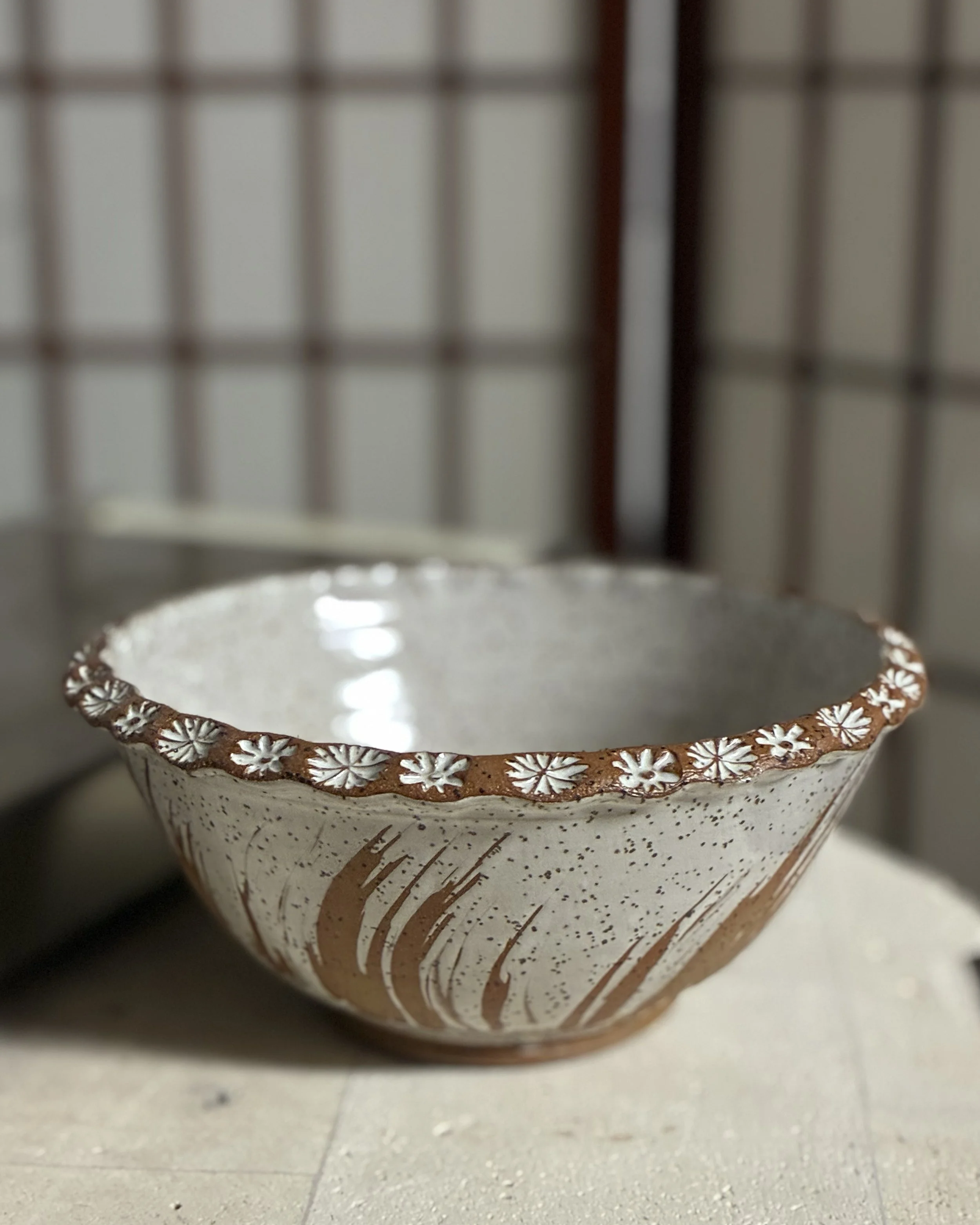 Small Sersving Bowl with wax resist and stamps - Lovewell Pottery