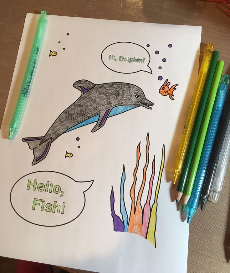 Child's Coloring Sheet, Dolphin and Fish, Sea, Ocean, Cute, Water, Seaweed, Party Activity, Underwater - INSTANT DOWNLOAD - 1 pdf & 1 jpg.jpg
