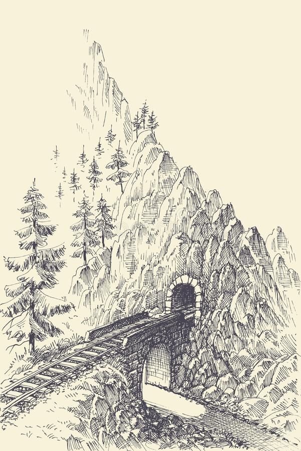 Railway, Bridge and Train Tunnel in the Mountains Stock Vector - Illustration of steel, black_ 121421387.jpg