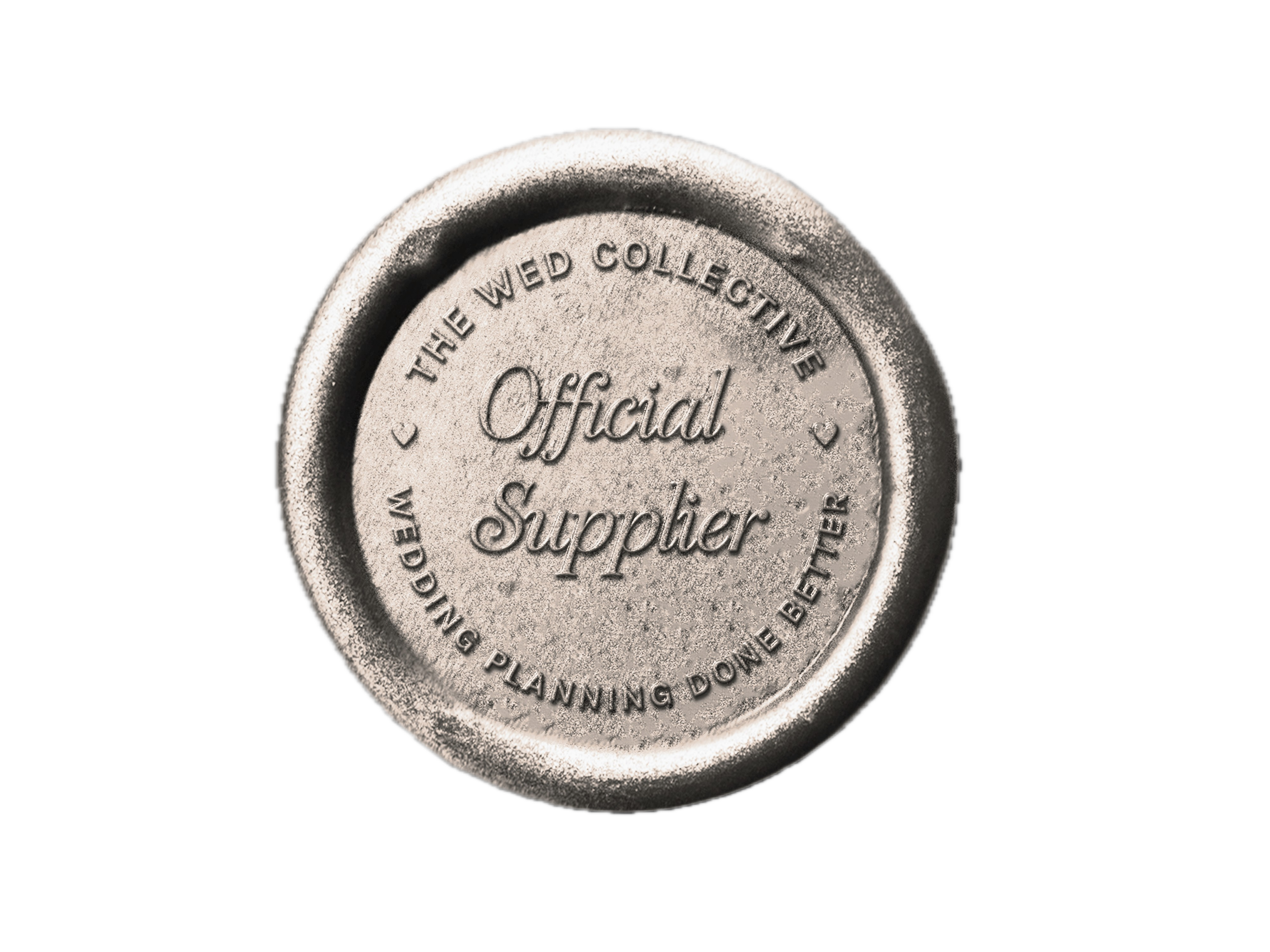 Close-up of a silver wax seal with embossed text that reads, 'The WED Collective' at the top, 'Official Supplier' in the center, and 'Adding Planning Done Better' around the edge, against a black background.