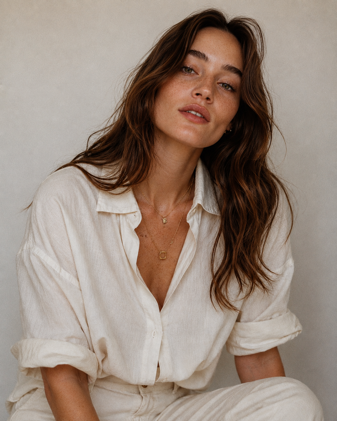 A woman with wavy, reddish-brown hair and freckles, wearing a cream-colored shirt and layered gold necklaces, sitting against a plain light background.