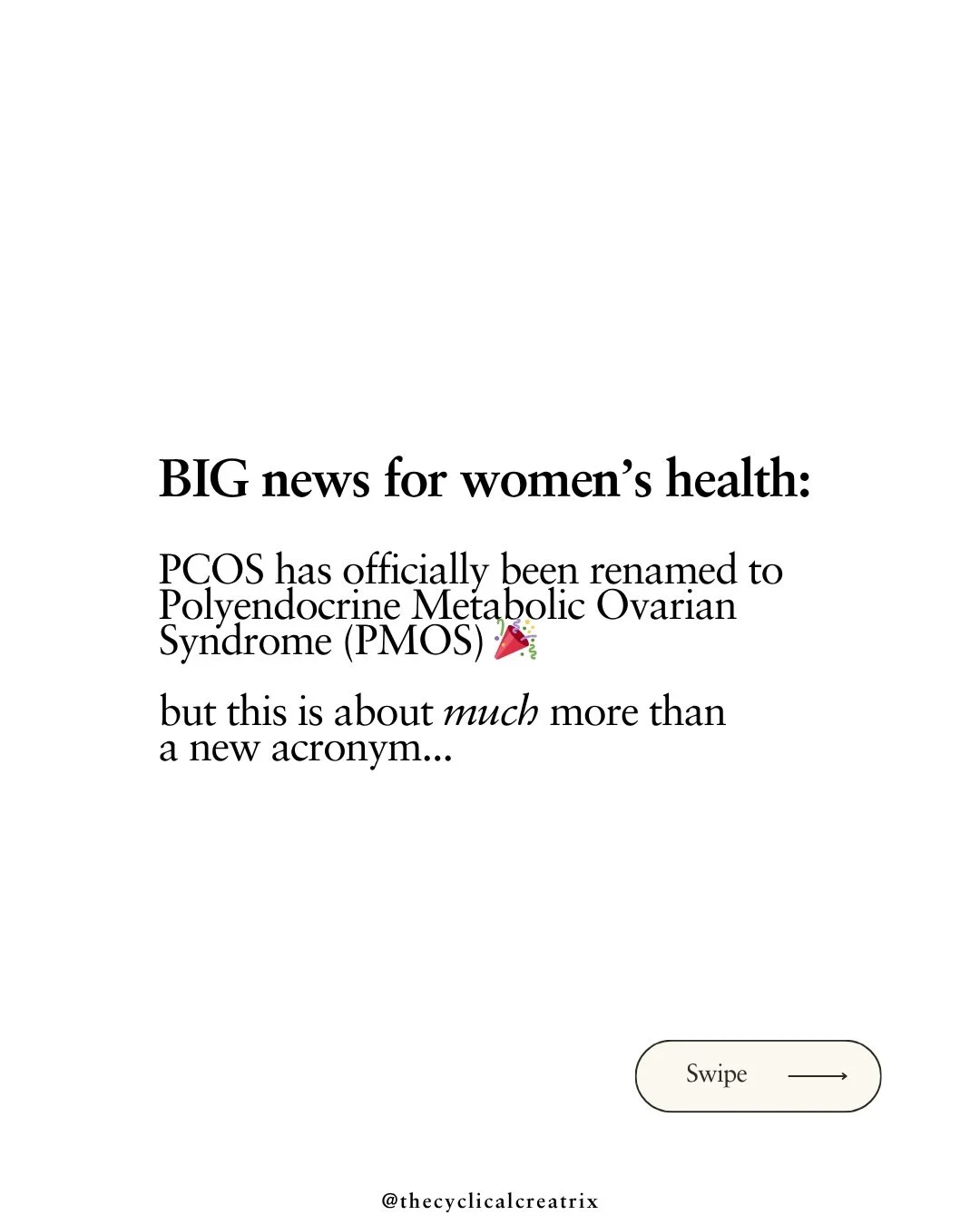 This is BIG 👀 

As of today, PCOS has officially been renamed Polyendocrine Metabolic Ovarian Syndrome (PMOS) - a name that far more accurately reflects what this condition actually is.

I&rsquo;ve already updated my educational materials to reflect