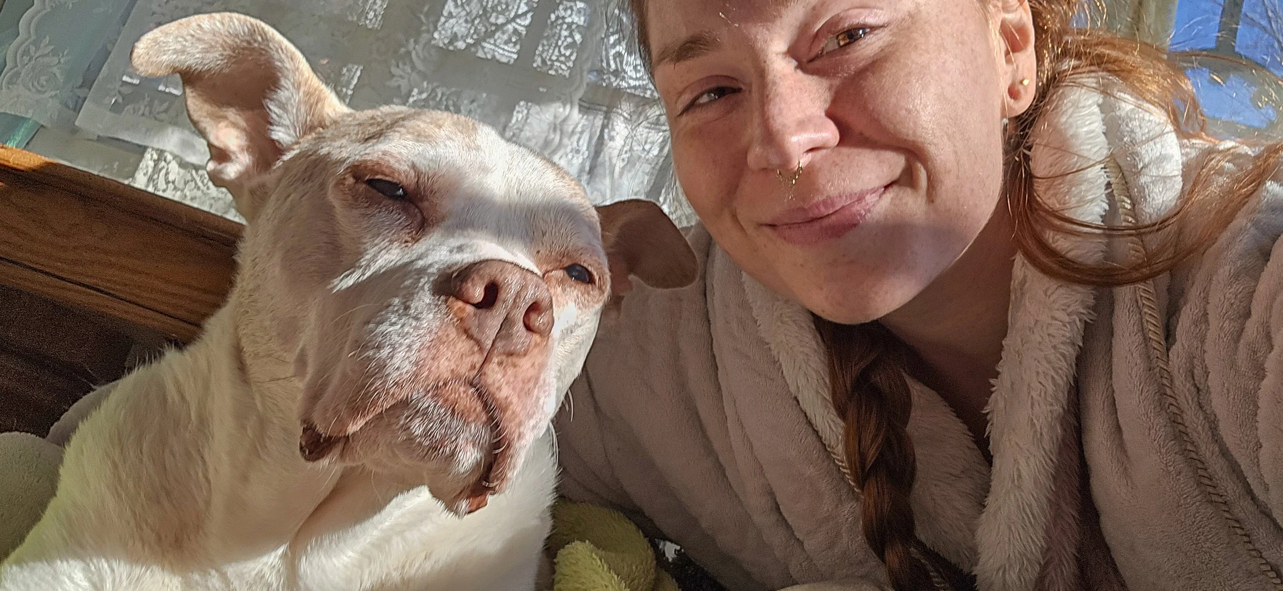 The sun came out long enough for us to sit together on the patio.